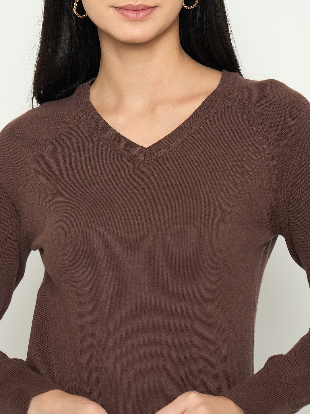 Madame V Neck Coffee Brown Solid Sweater - Image 7