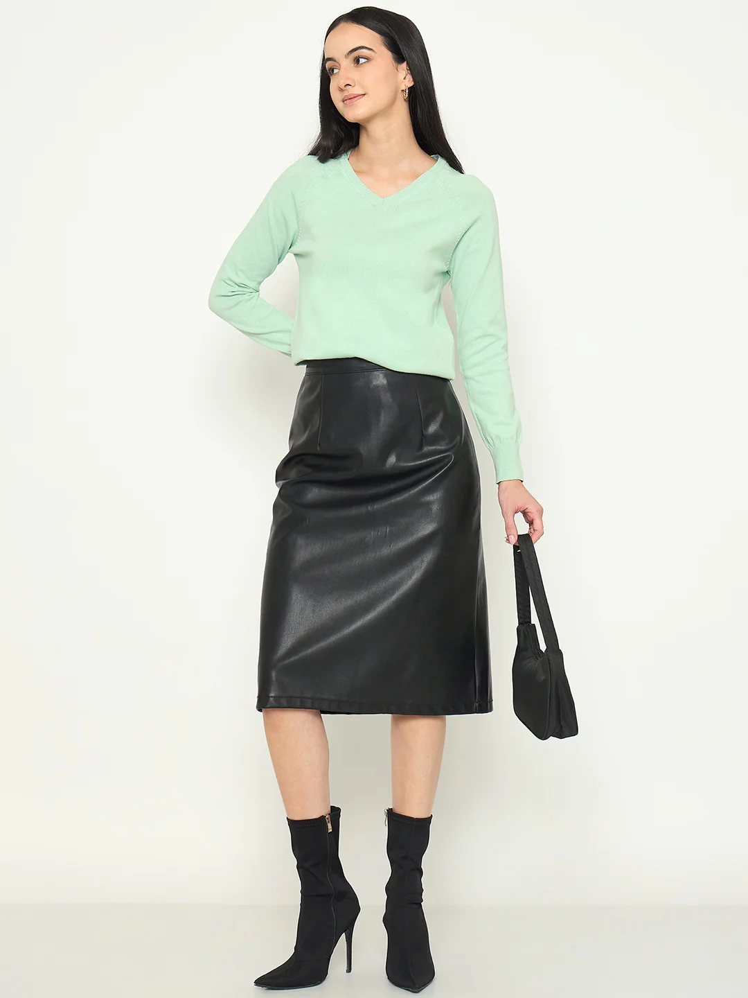 Madame V Neck Solid Green Sweater - Image 2
