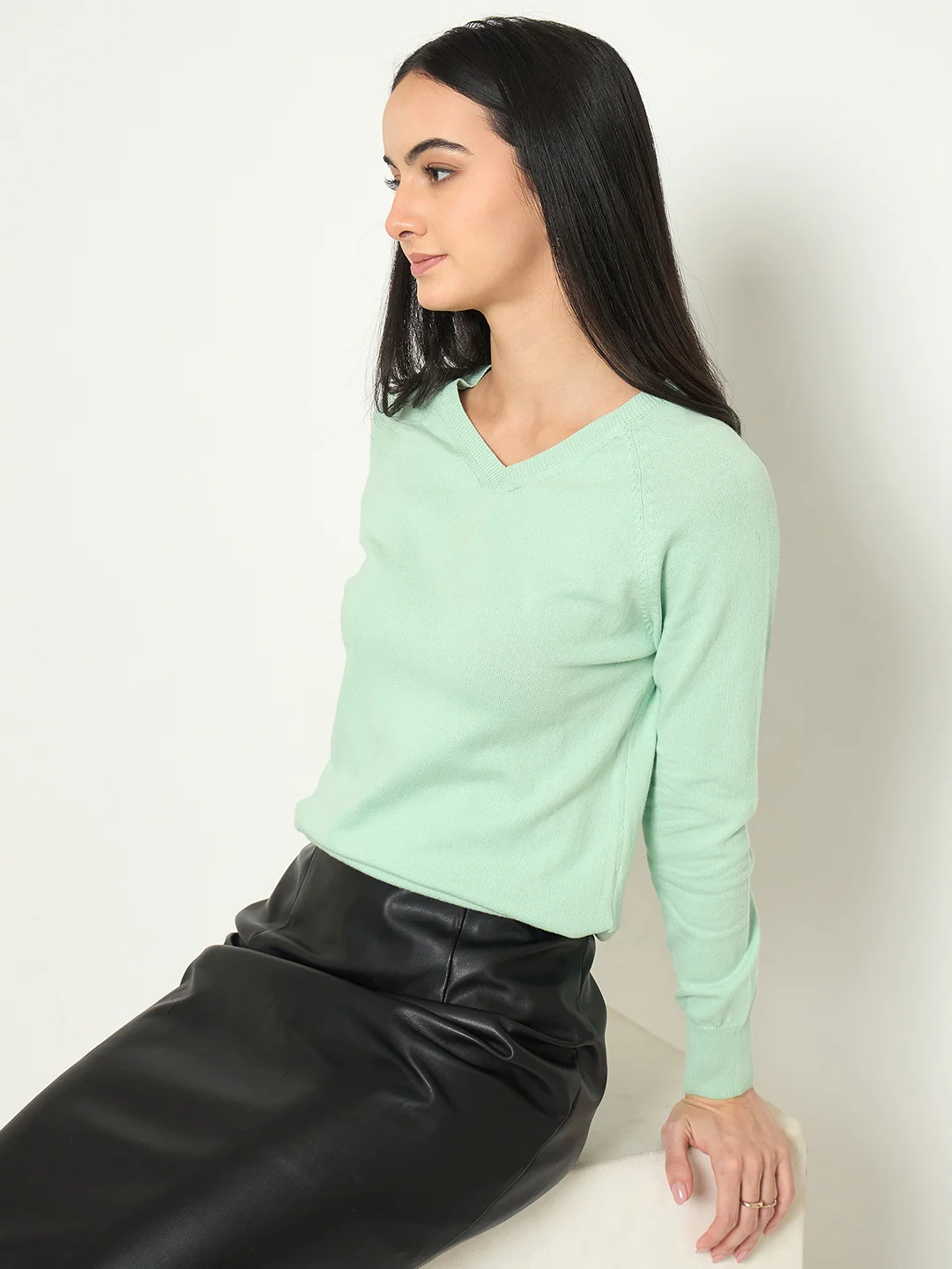 Madame V Neck Solid Green Sweater - Image 3