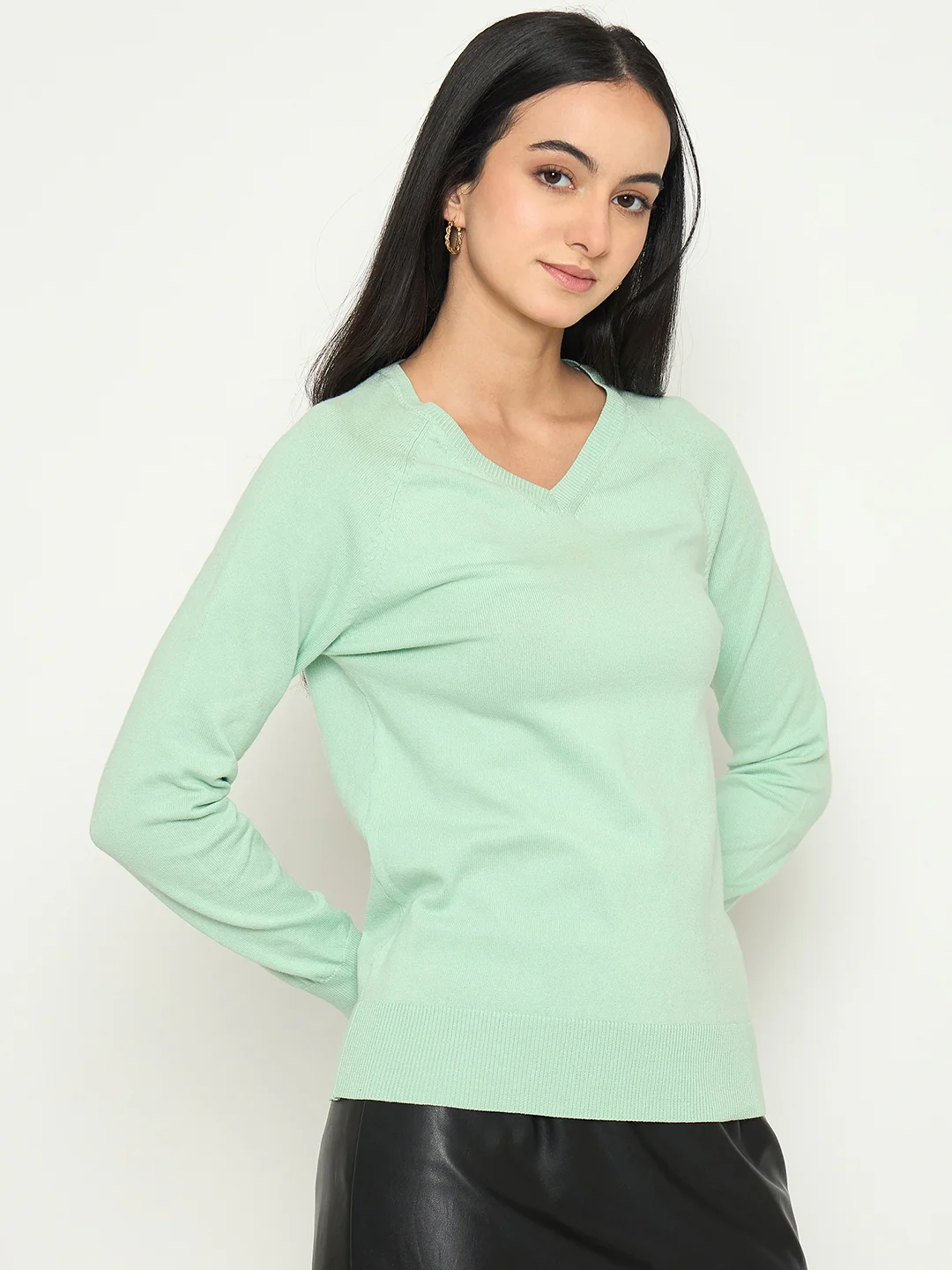 Madame V Neck Solid Green Sweater - Image 4