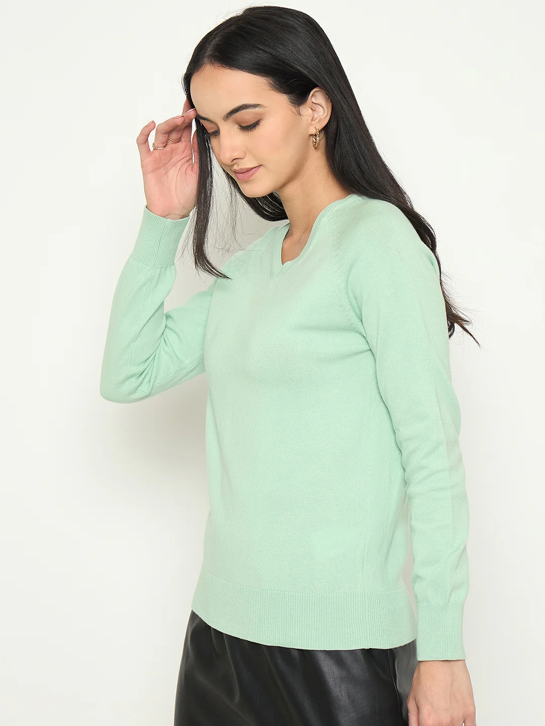 Madame V Neck Solid Green Sweater - Image 5