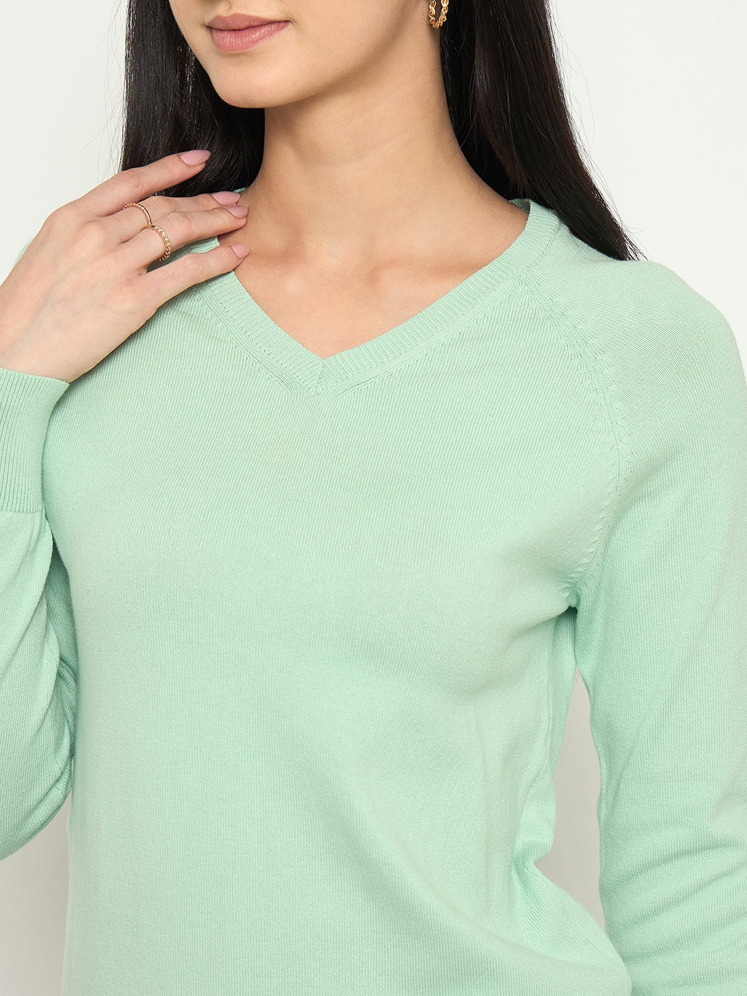 Madame V Neck Solid Green Sweater - Image 7