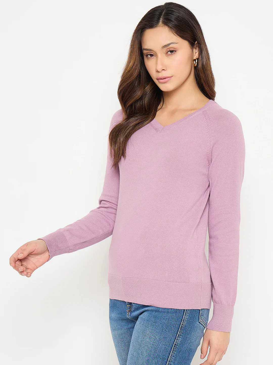 Madame V Neck Solid mauve Sweater - Image 5