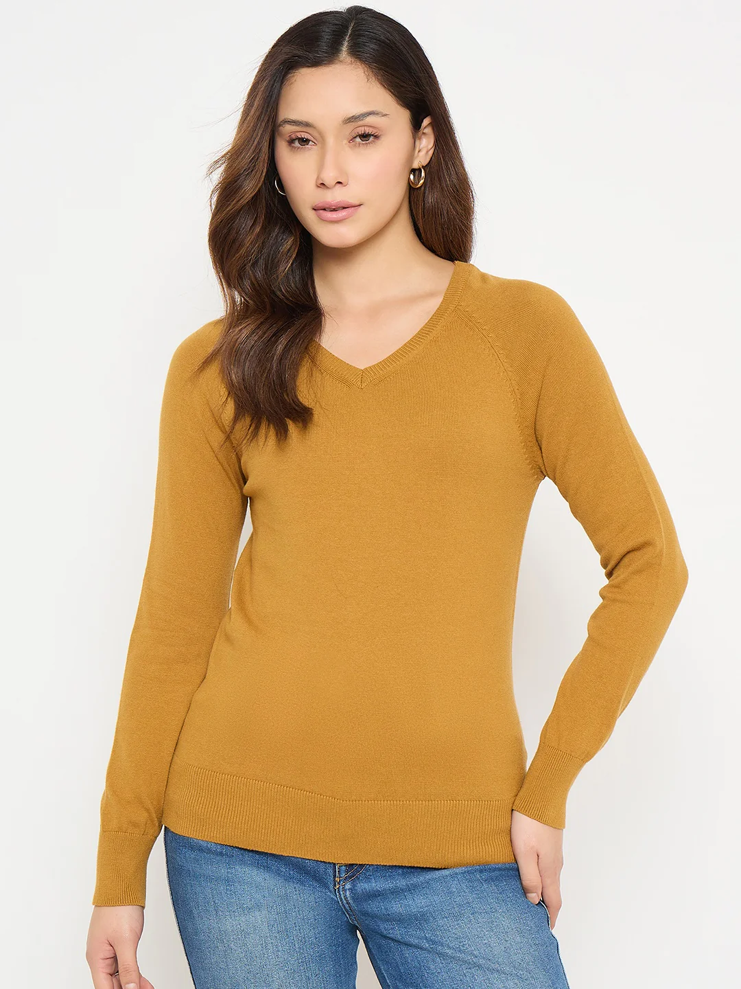 Madame V Neck Mustard Yellow Solid Sweater