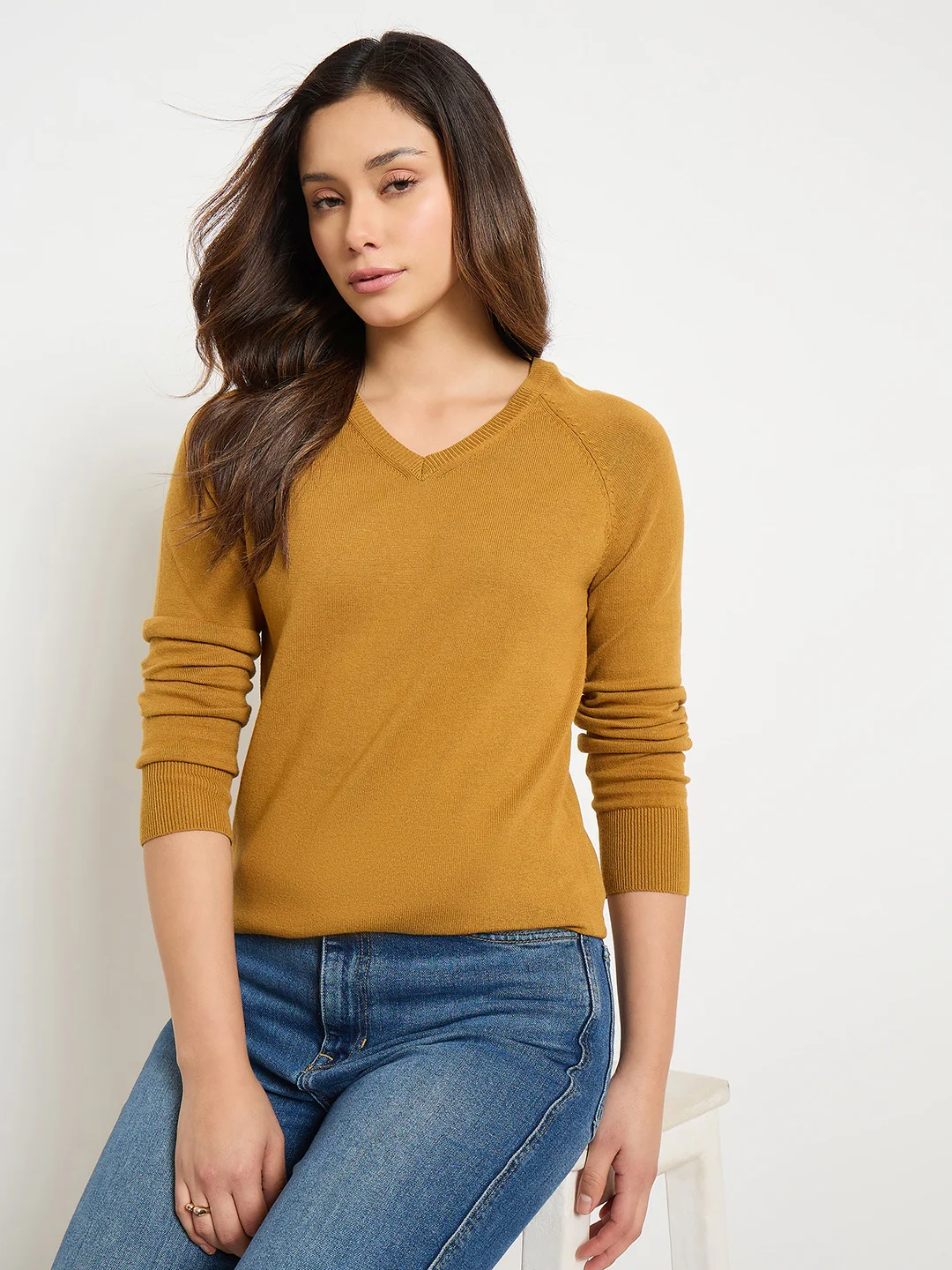 Madame V Neck Mustard Yellow Solid Sweater - Image 2