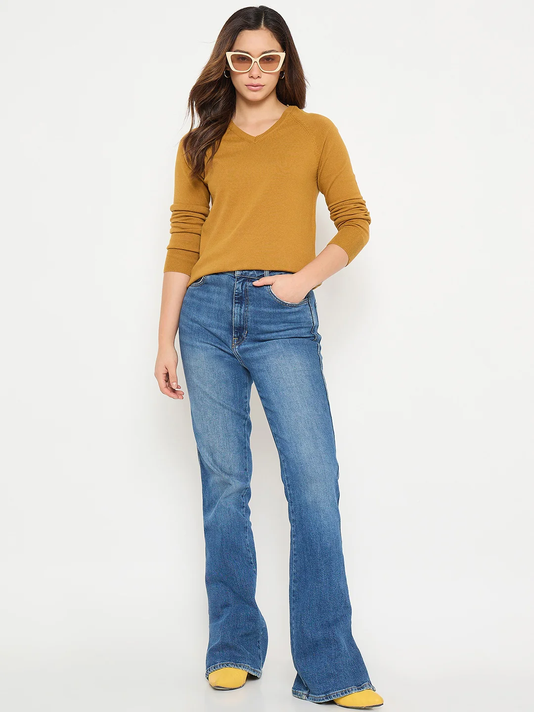 Madame V Neck Mustard Yellow Solid Sweater - Image 3