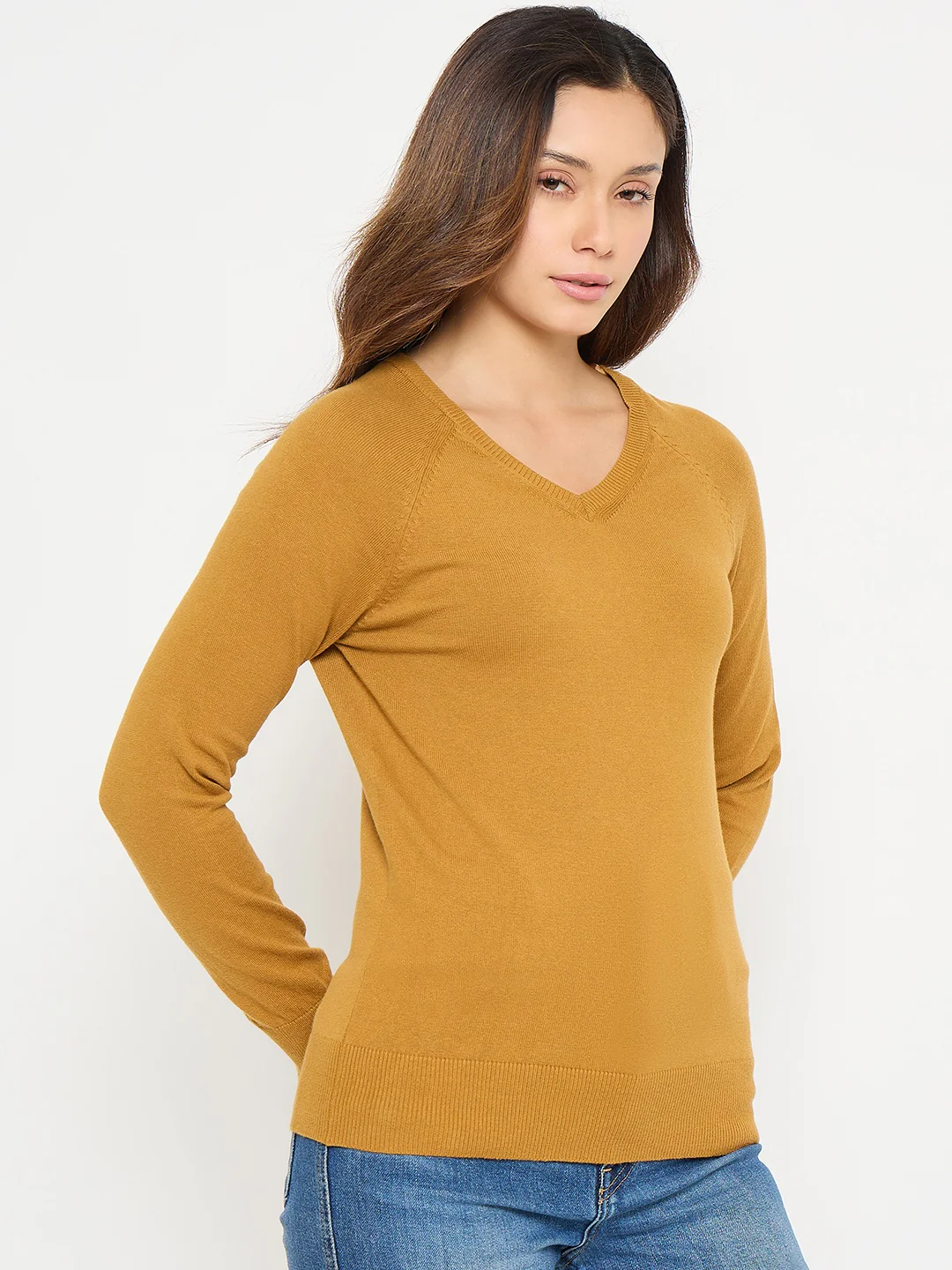 Madame V Neck Mustard Yellow Solid Sweater - Image 4