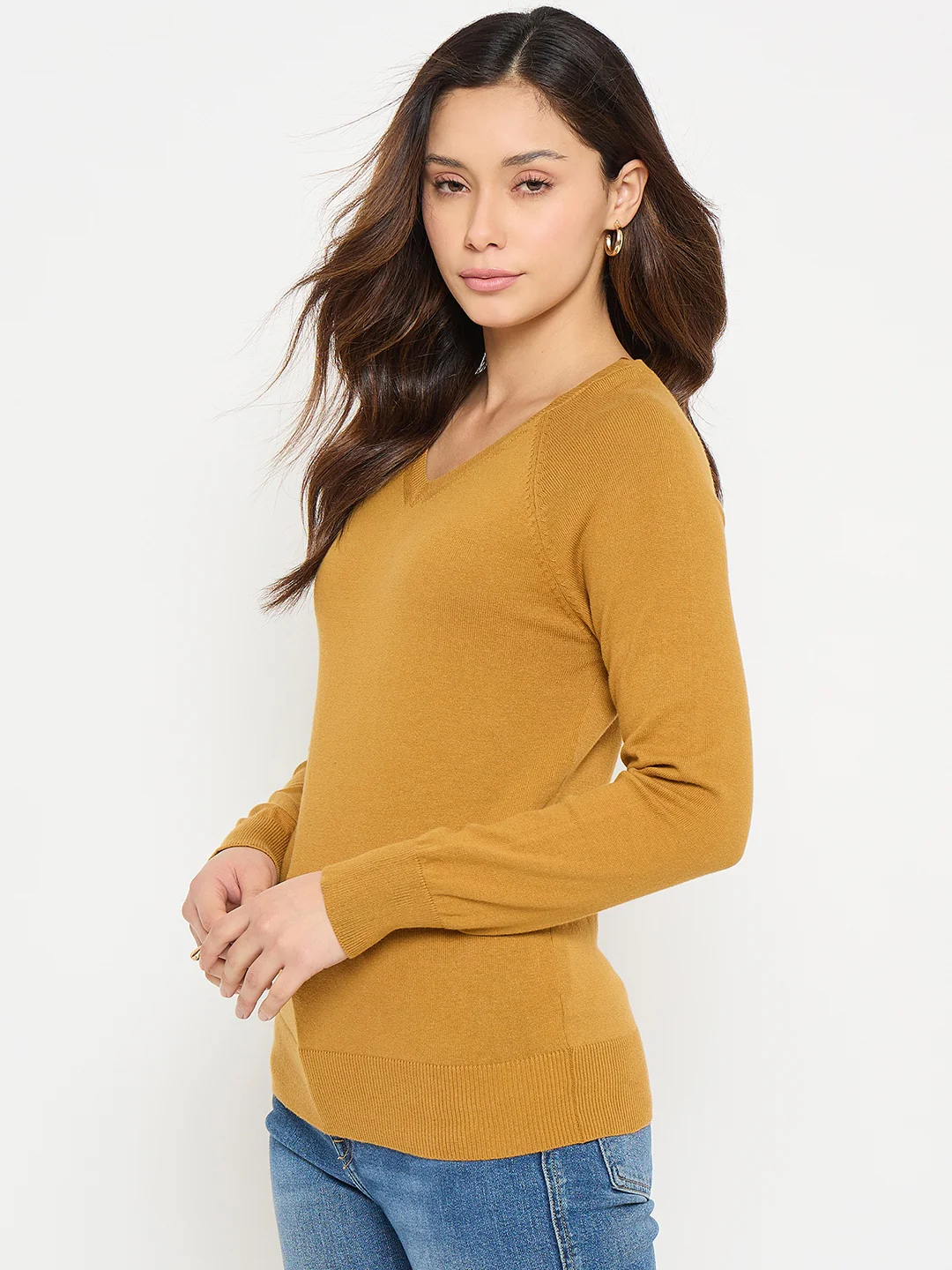 Madame V Neck Mustard Yellow Solid Sweater - Image 5