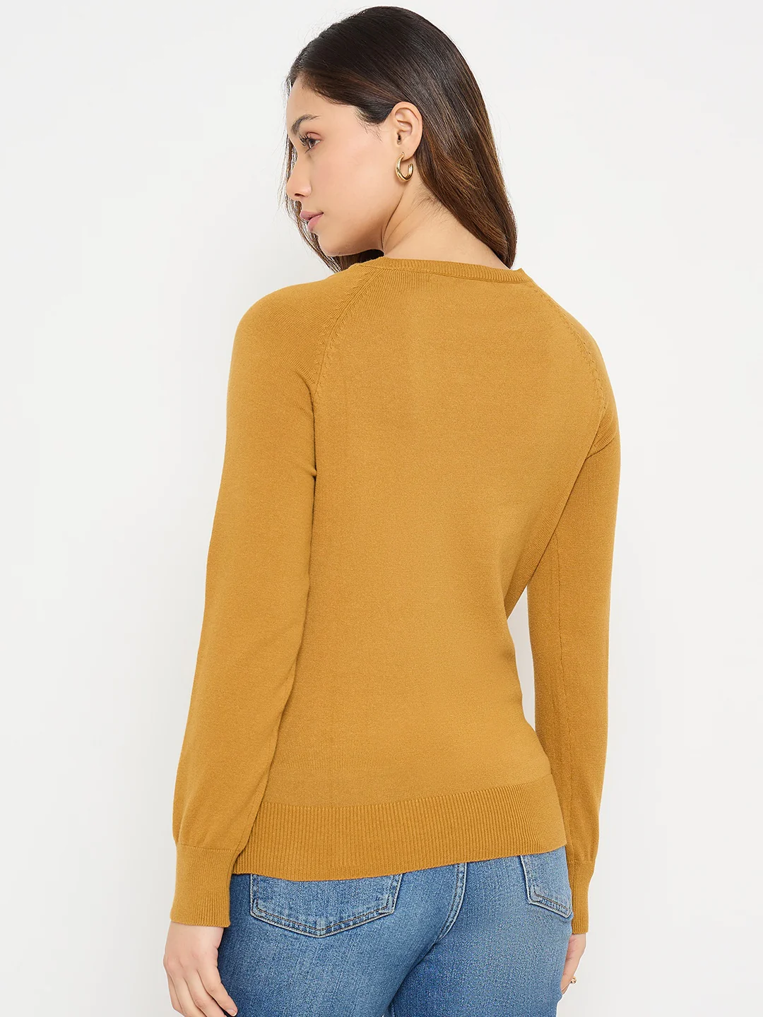 Madame V Neck Mustard Yellow Solid Sweater - Image 6