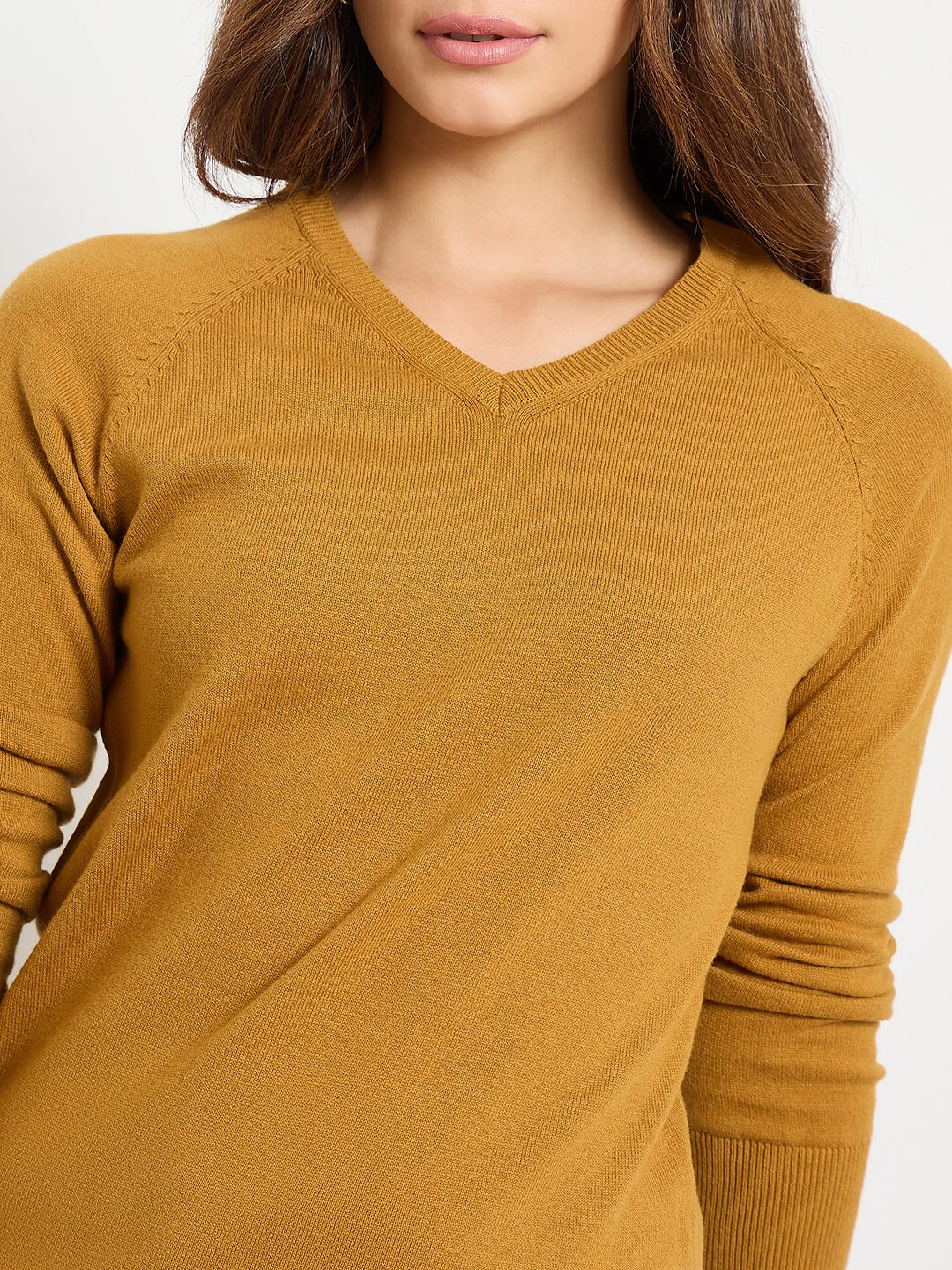 Madame V Neck Mustard Yellow Solid Sweater - Image 7