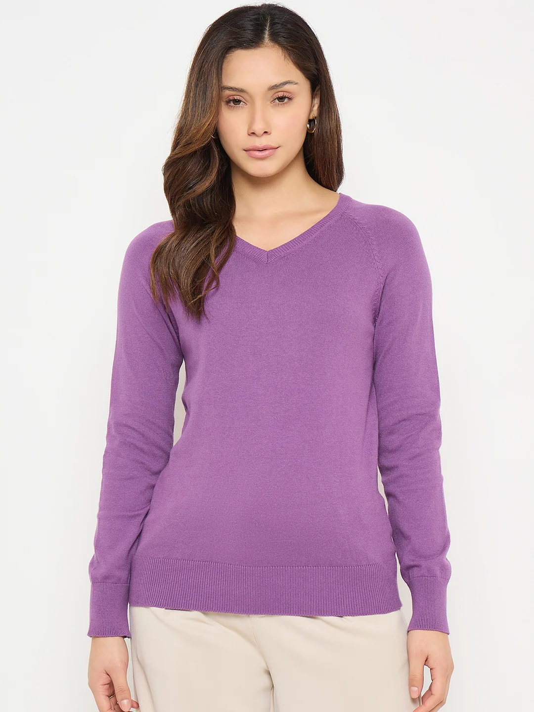 Madame V Neck Purple Solid Sweater