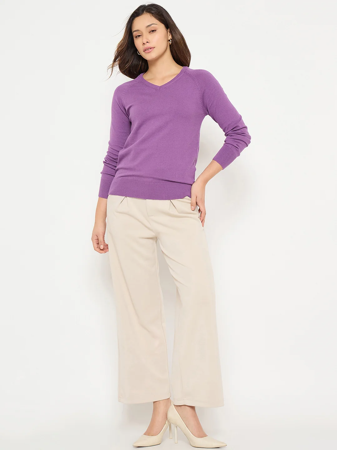 Madame V Neck Purple Solid Sweater - Image 3
