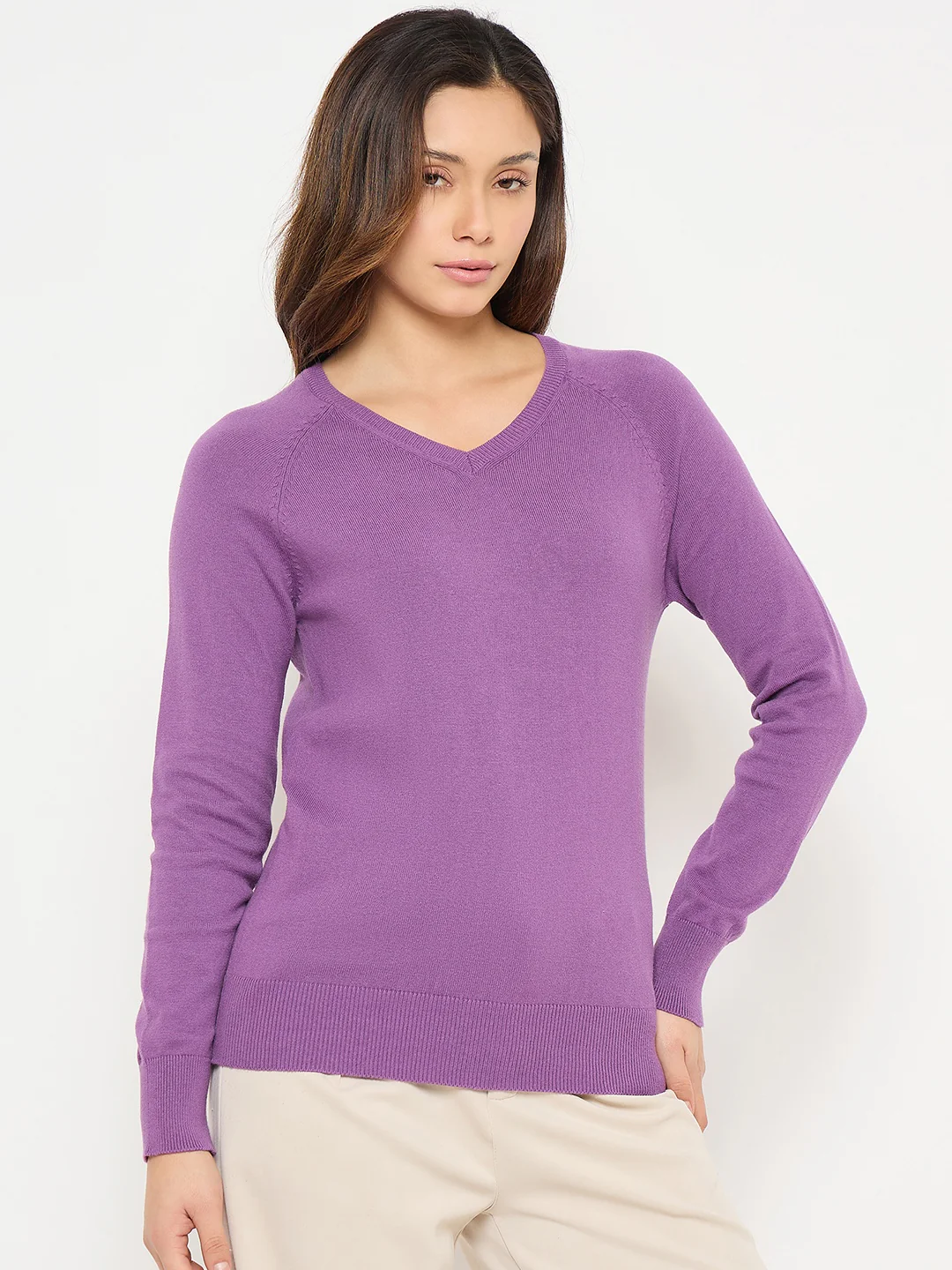 Madame V Neck Purple Solid Sweater - Image 4