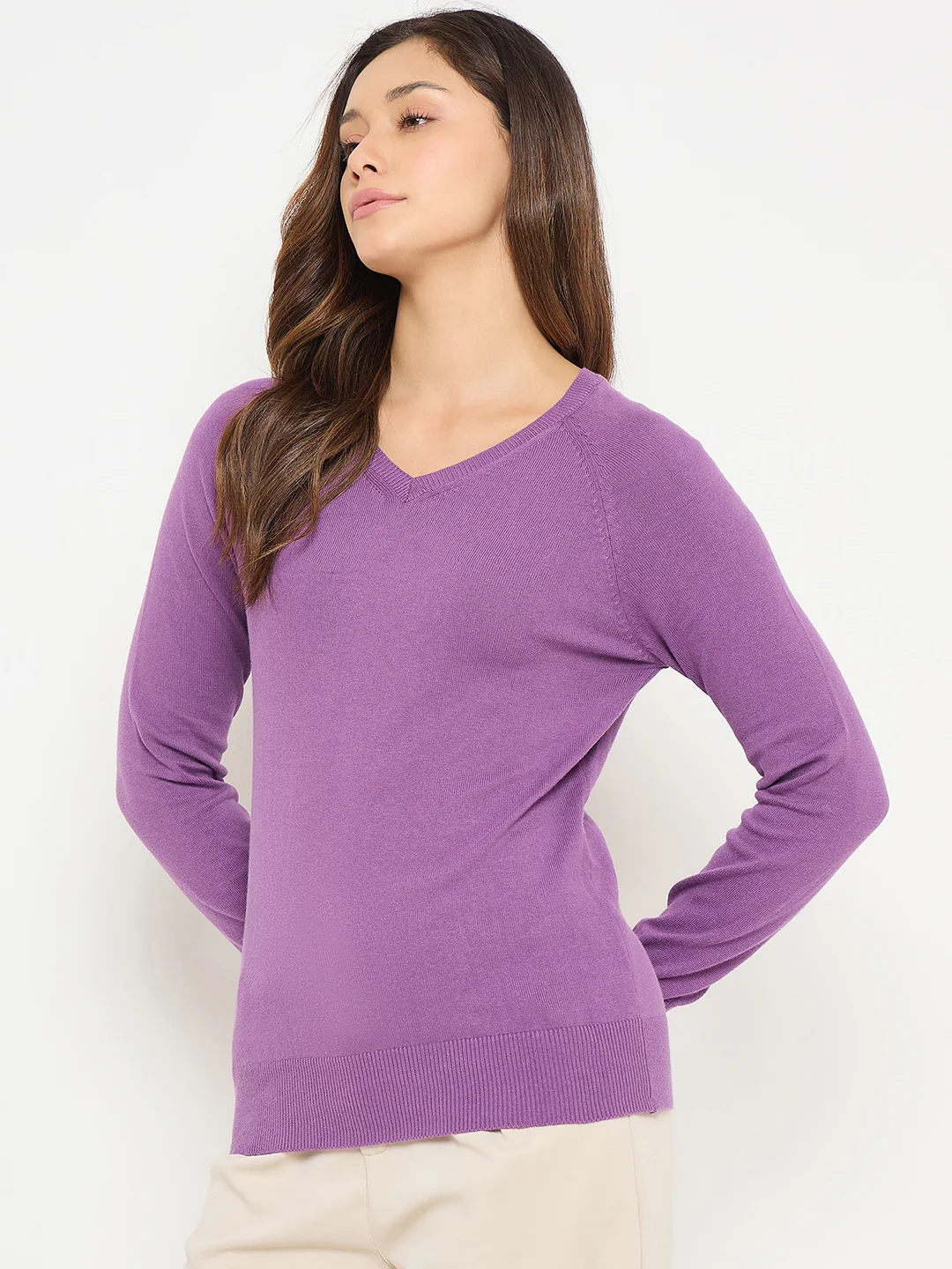 Madame V Neck Purple Solid Sweater - Image 5