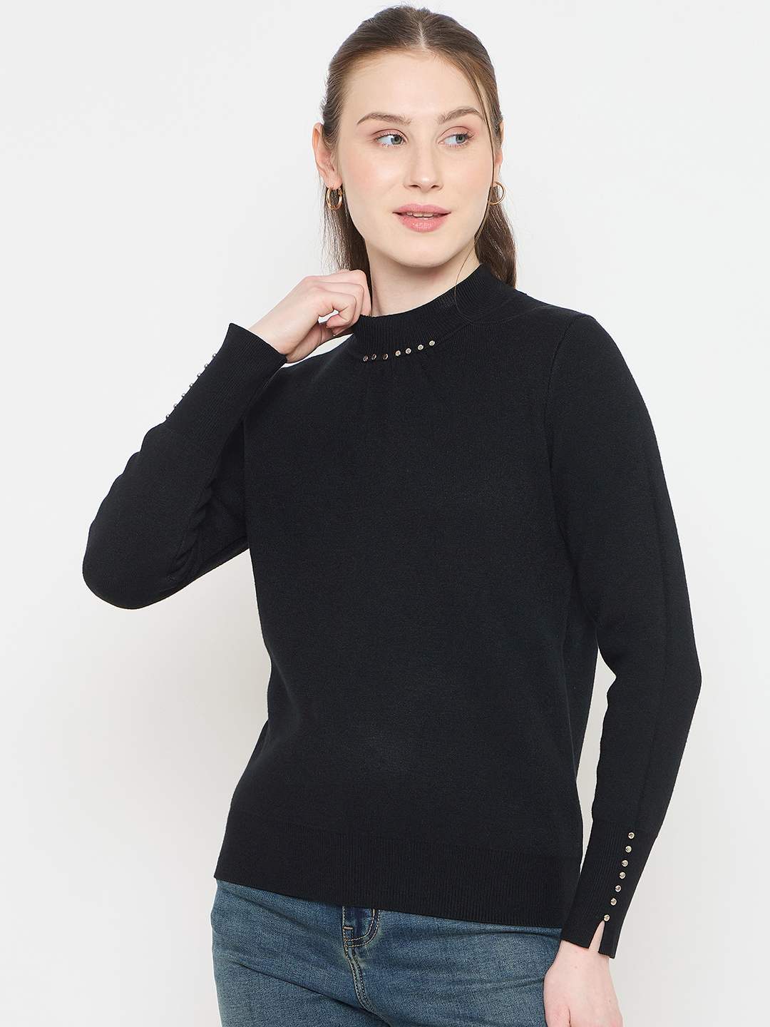 Madame Crew Neck Solid Black Sweater - Image 3