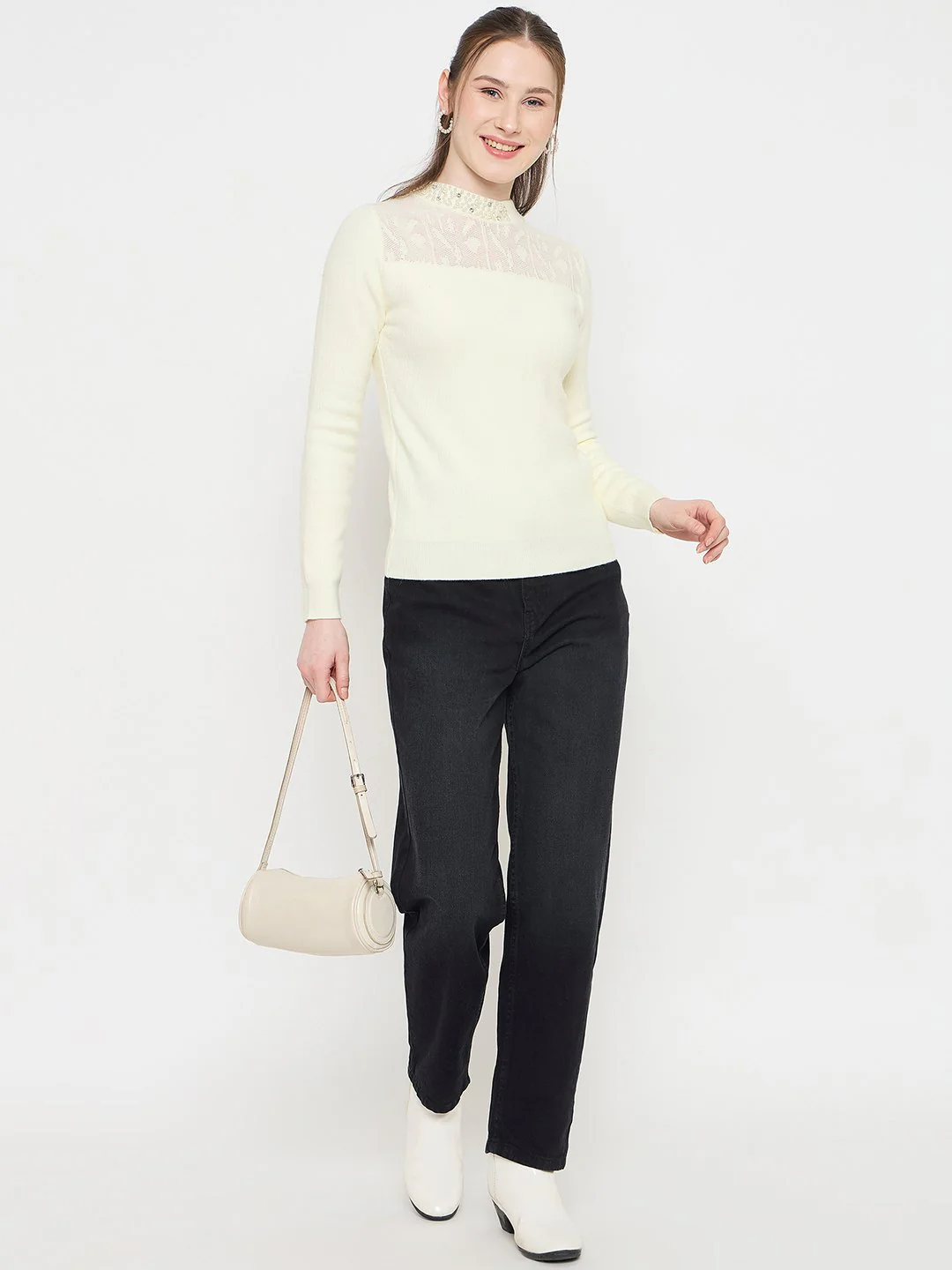 Madame Mock Neck Embellished Off White Sweater - Image 2