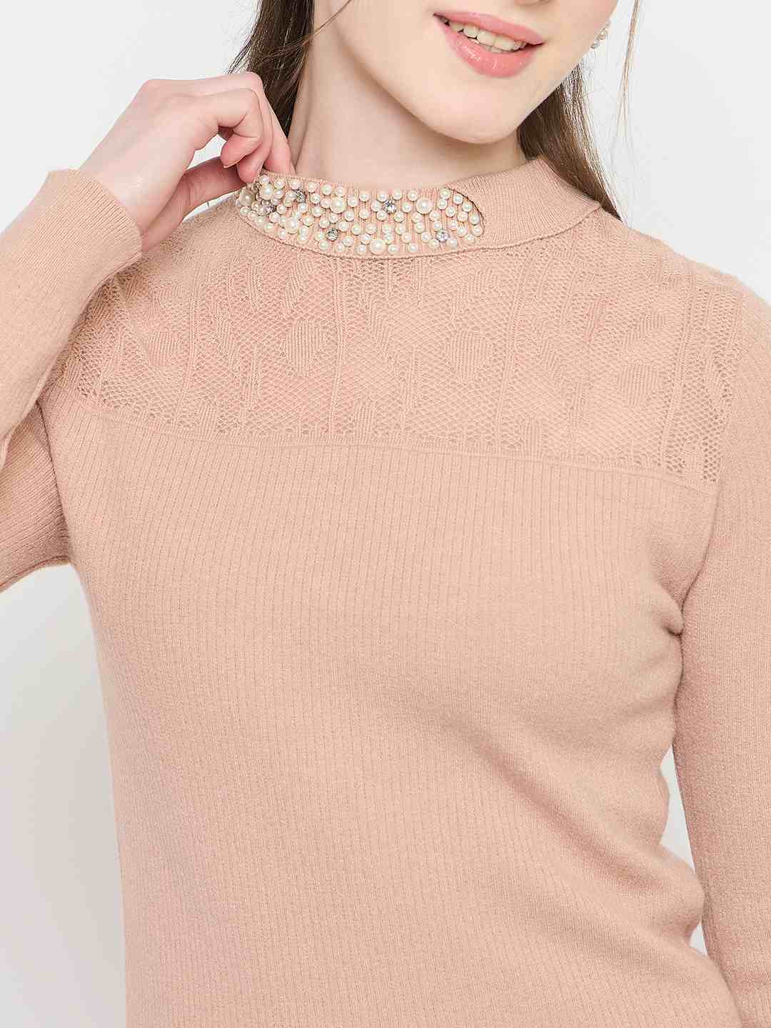 Madame Mock Neck Embellished Peach Sweater - Image 7