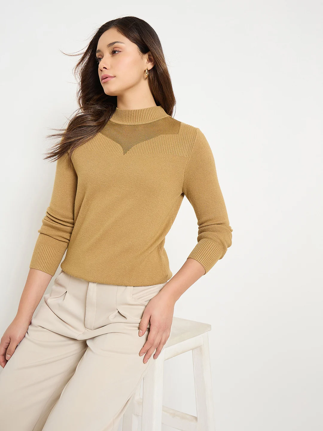 Madame Mock Neck Solid Mustard Yellow Sweater - Image 2