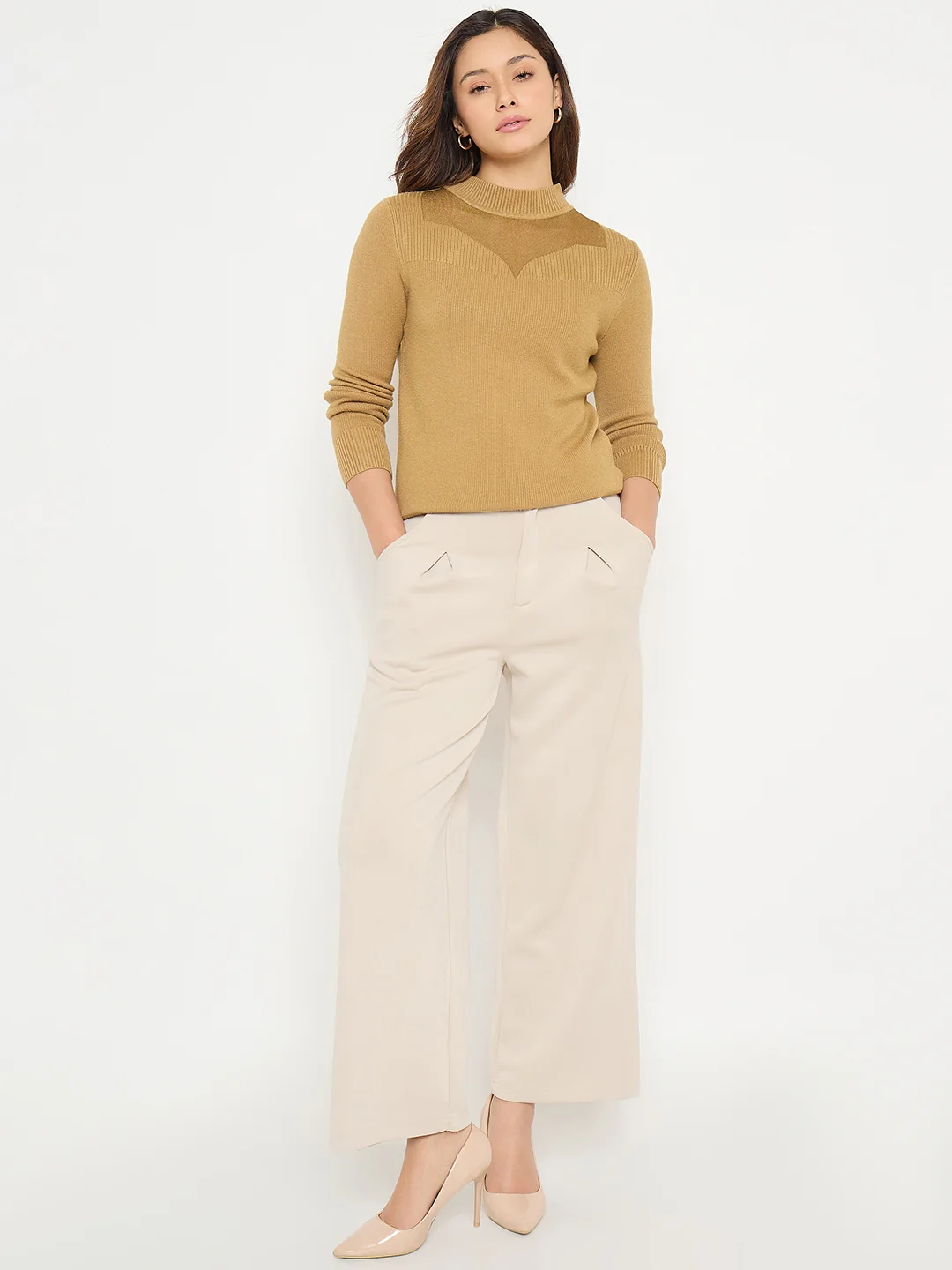 Madame Mock Neck Solid Mustard Yellow Sweater - Image 3