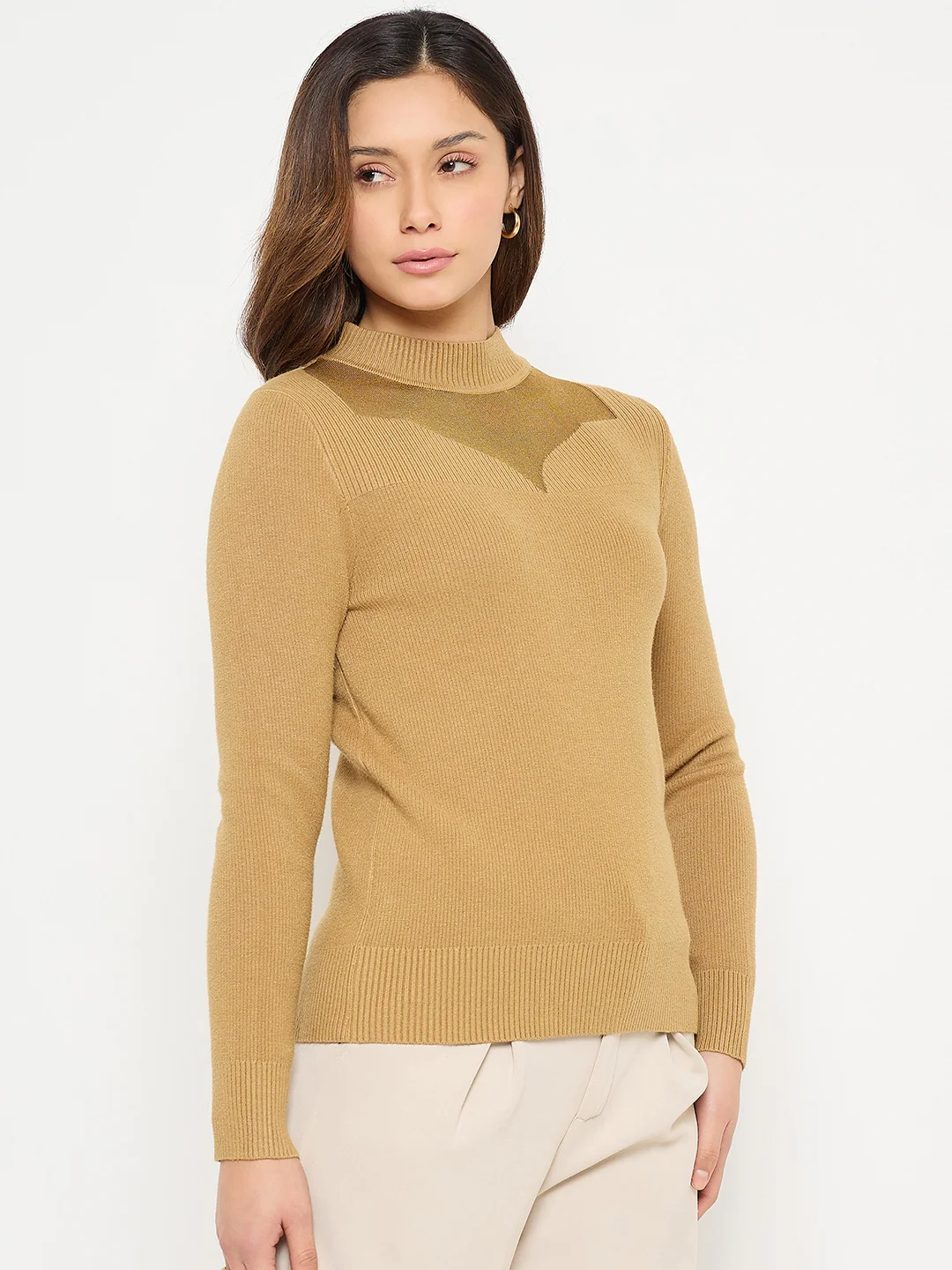 Madame Mock Neck Solid Mustard Yellow Sweater - Image 4