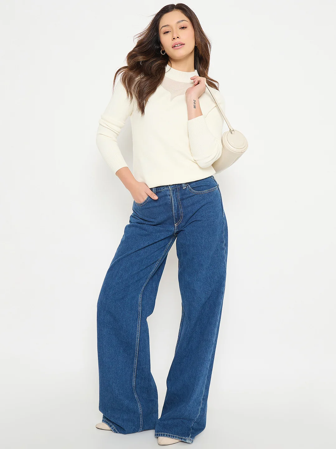 Madame Mock Neck Off White Solid Sweater - Image 3