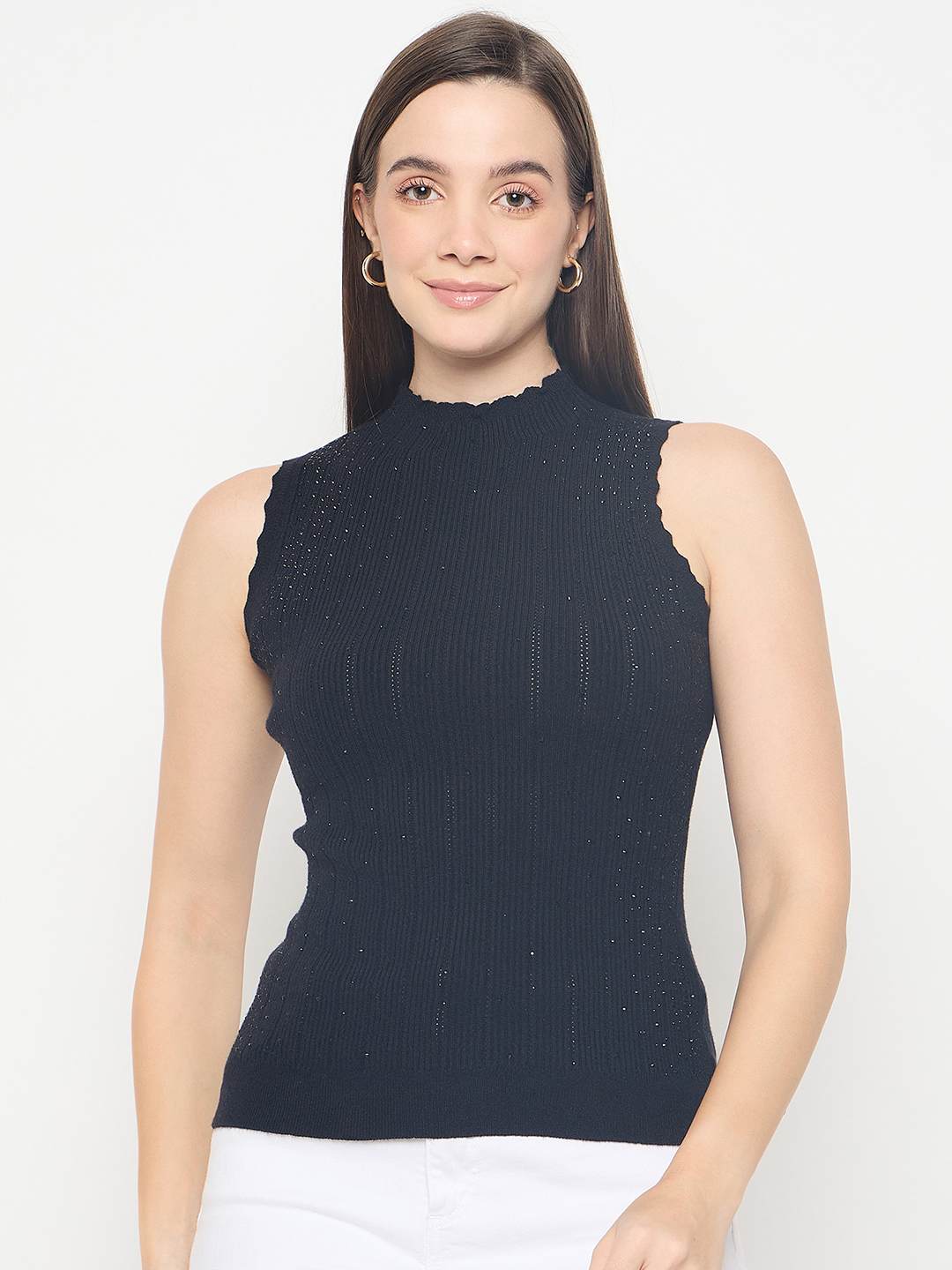 Madame Metallic Fabric Black Sleeveless Sweater - Image 3
