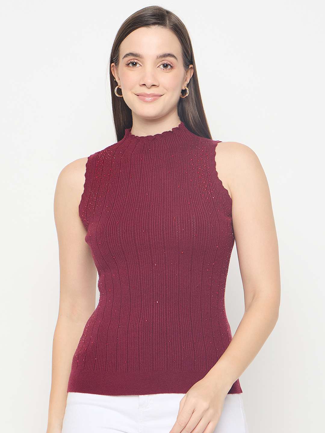 Madame Metallic Fabric Maroon Sleeveless Sweater - Image 4