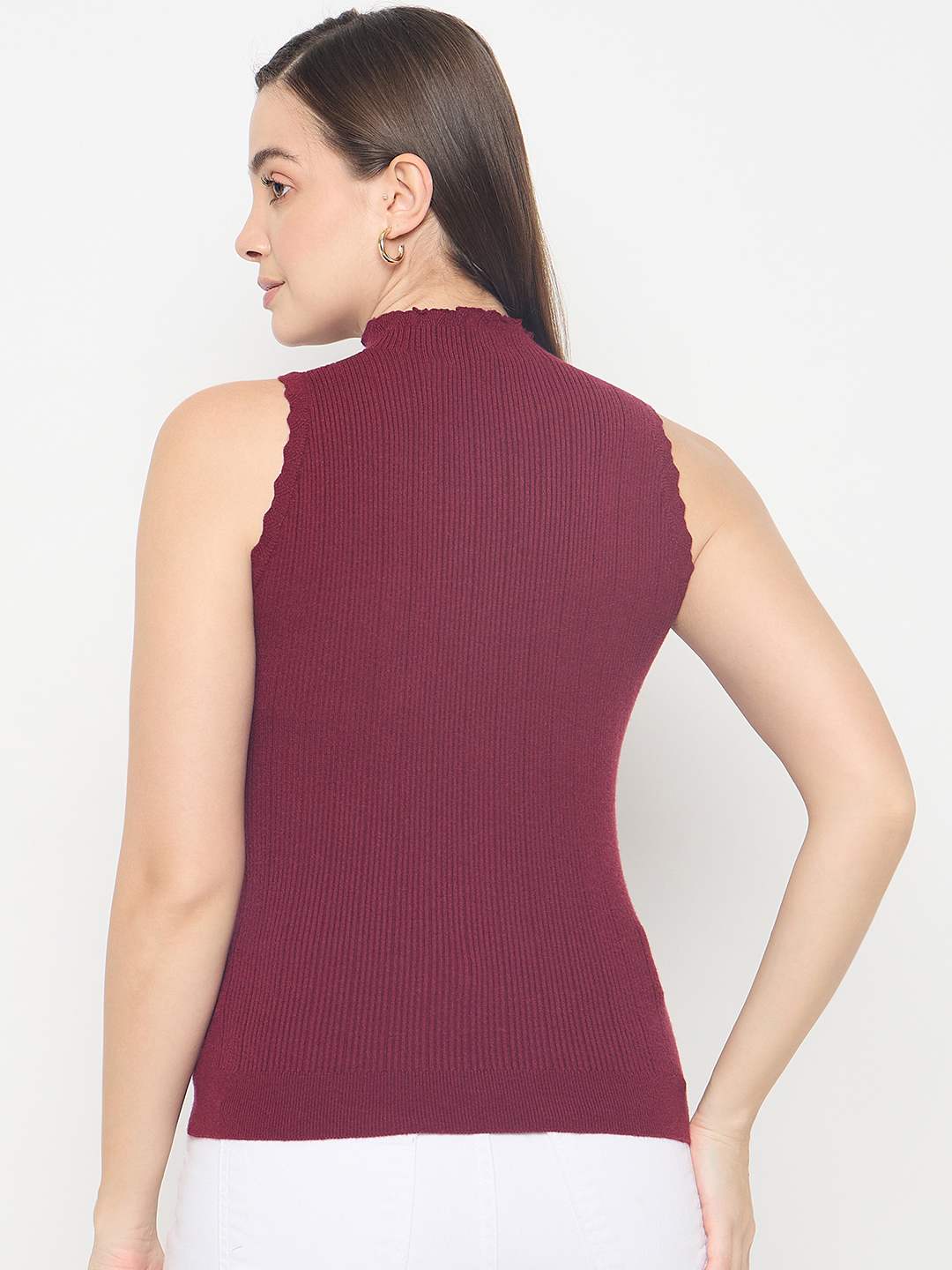 Madame Metallic Fabric Maroon Sleeveless Sweater - Image 7