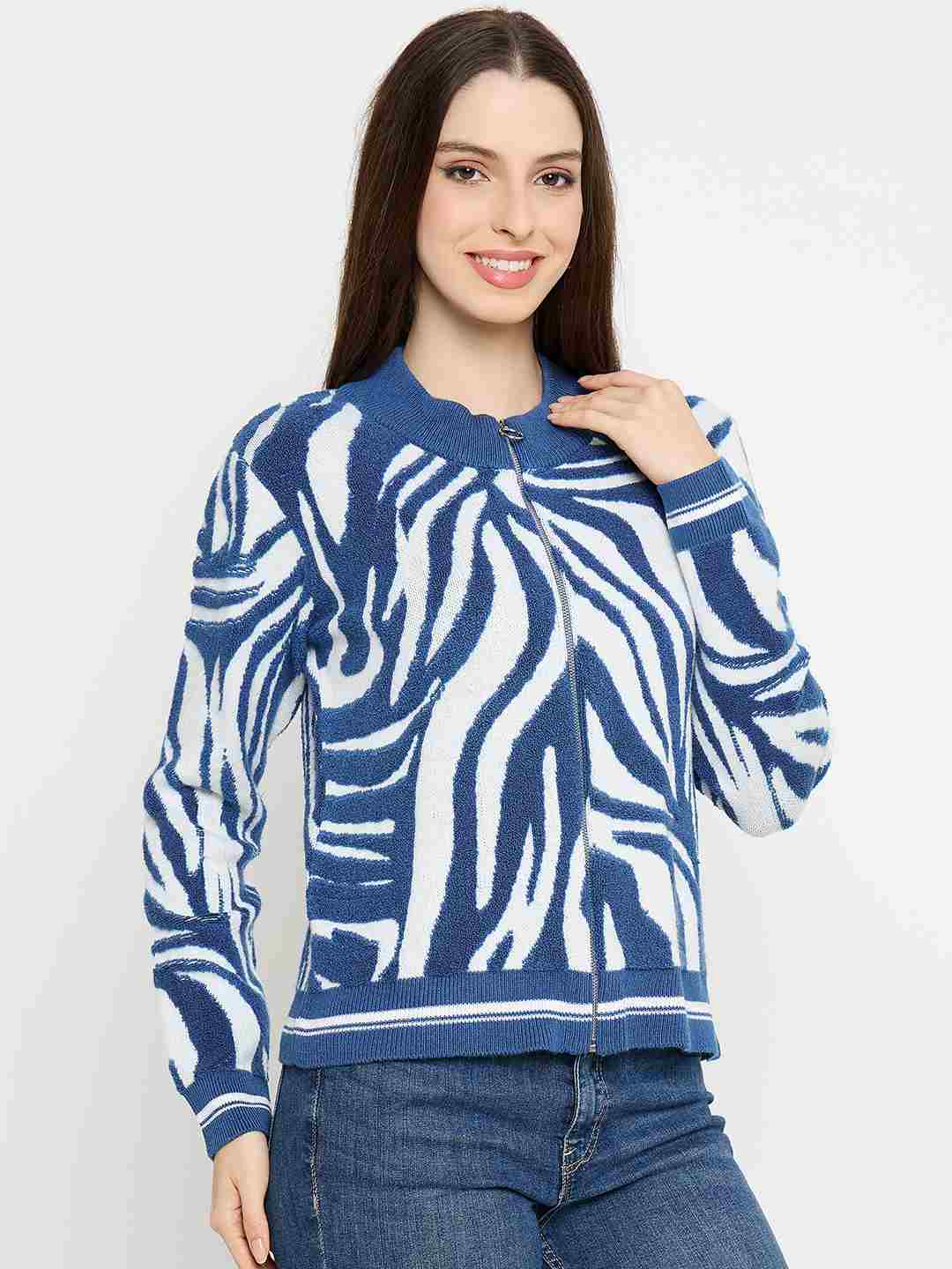 Madame Animal Print Zip Blue Sweater - Image 4