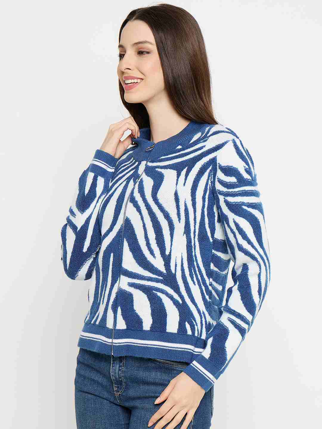 Madame Animal Print Zip Blue Sweater - Image 5