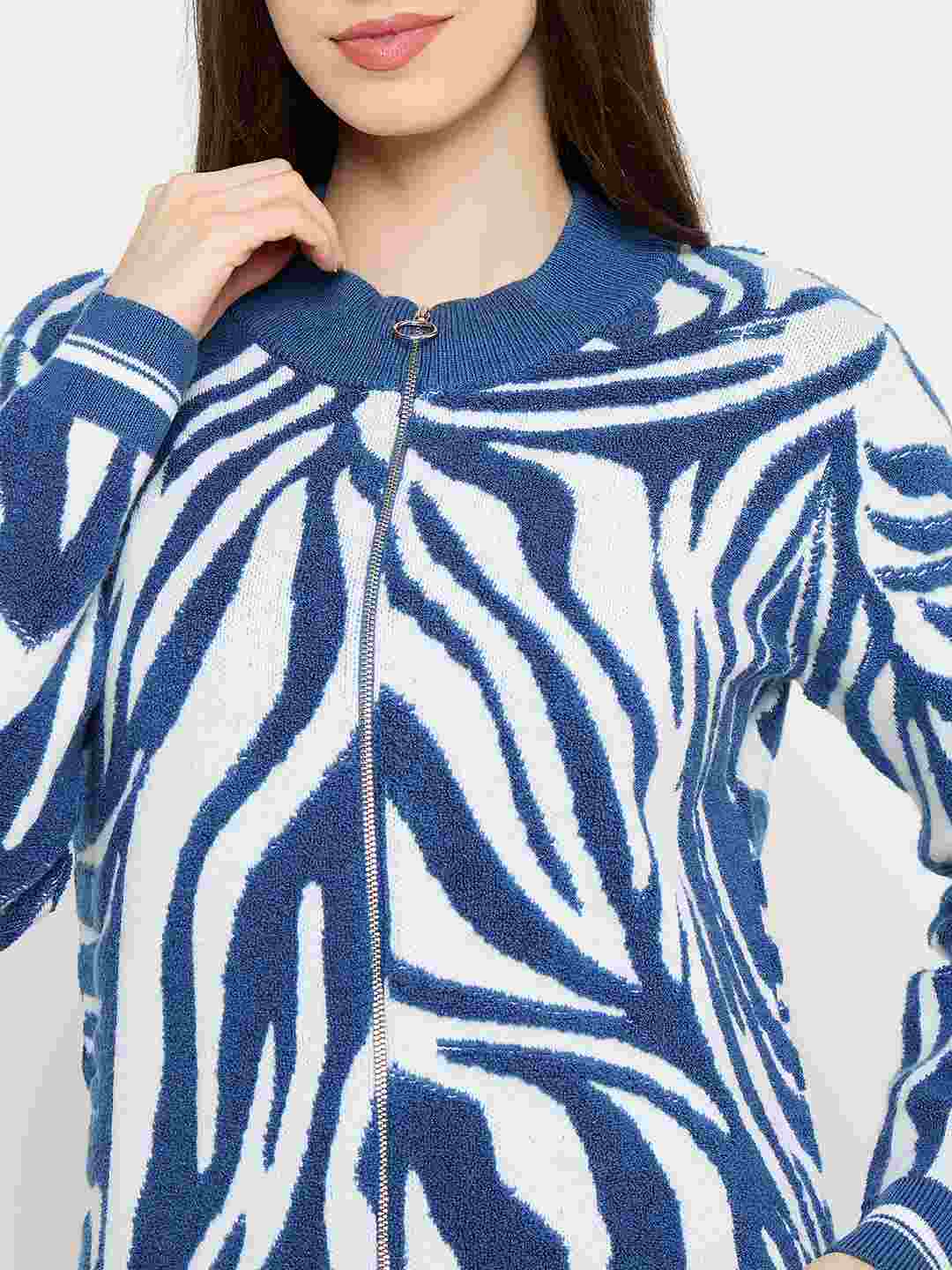 Madame Animal Print Zip Blue Sweater - Image 7