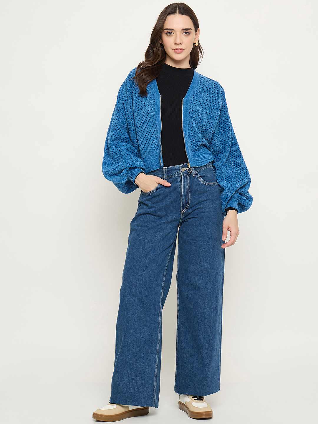 Madame Textured Relaxed Fit Blue Sweater - Image 3