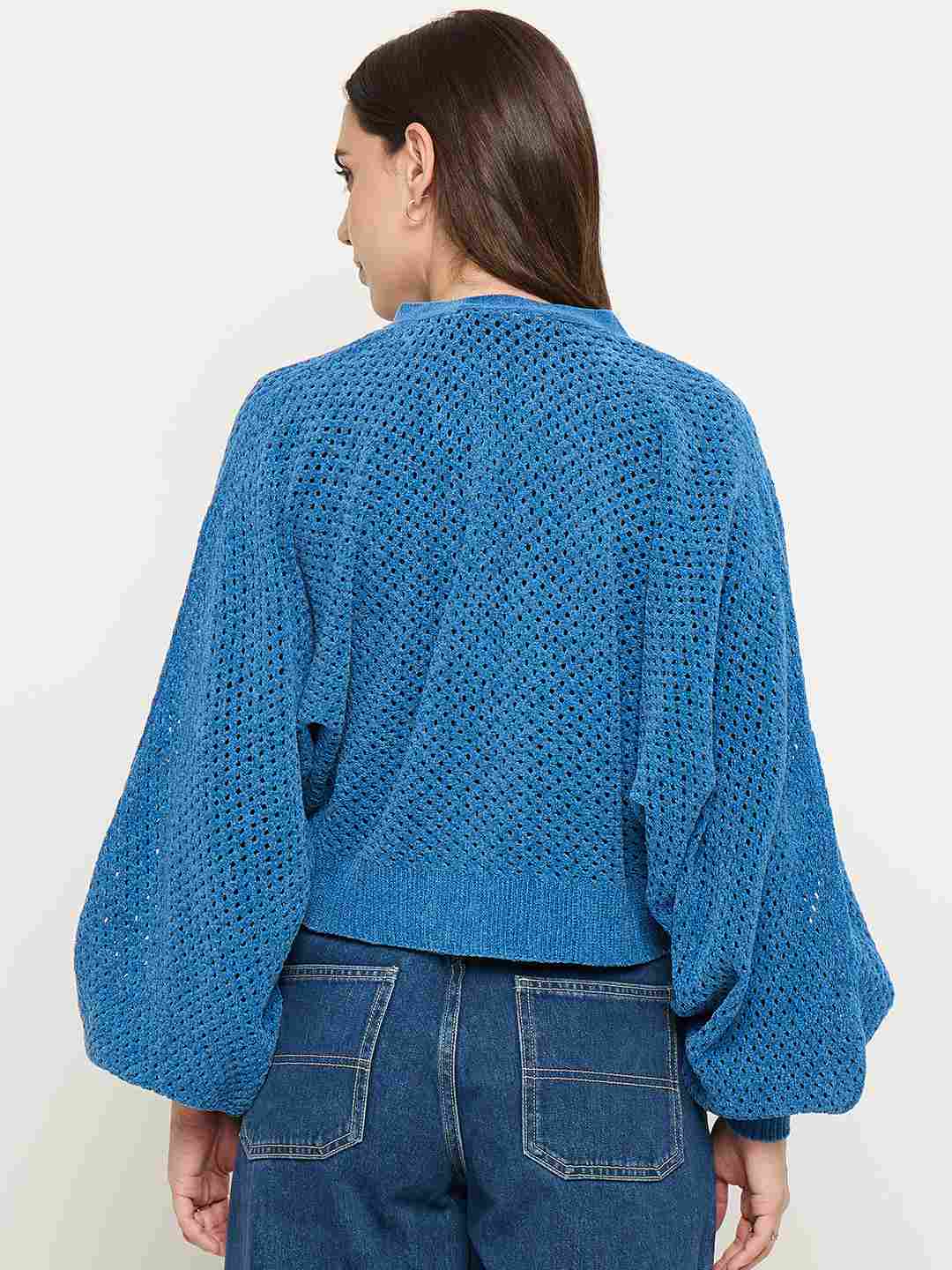 Madame Textured Relaxed Fit Blue Sweater - Image 6