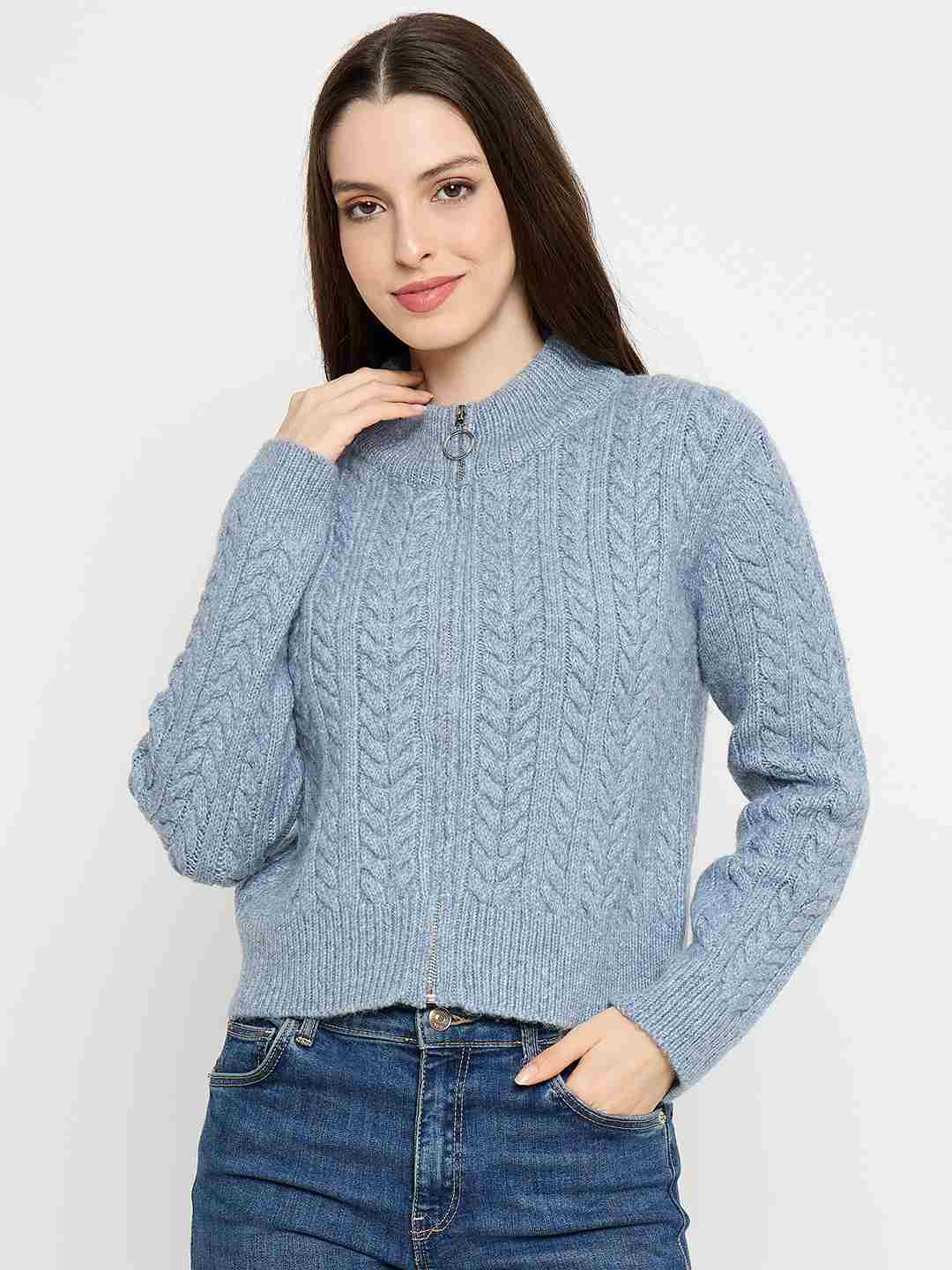 Madame Cable Knit Zip Blue Sweater - Image 3