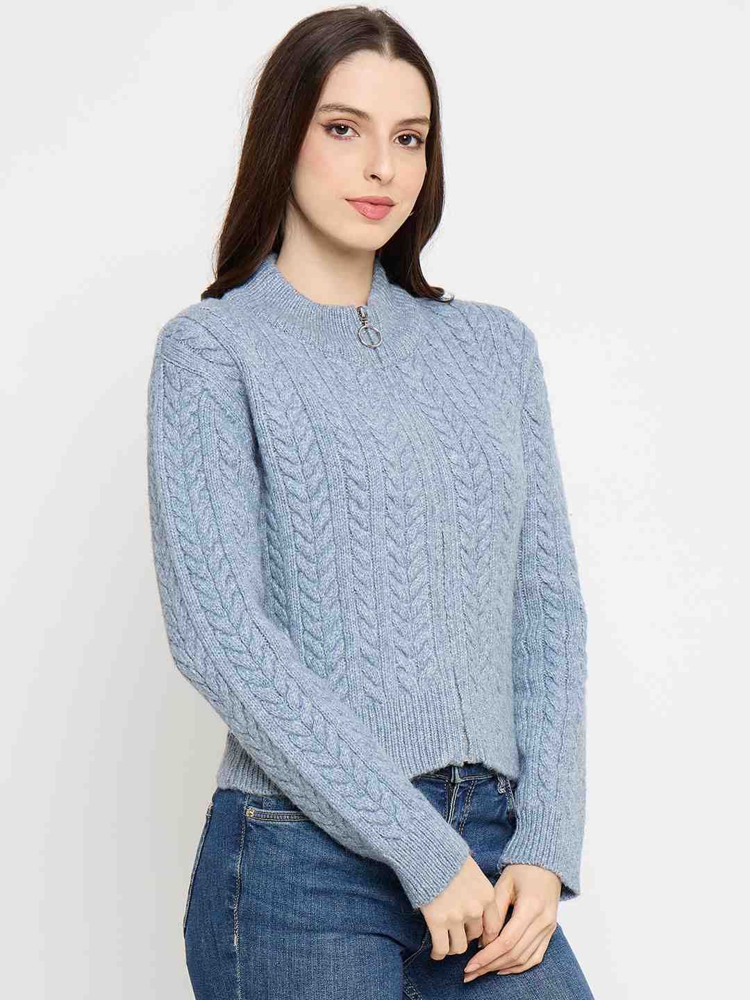Madame Cable Knit Zip Blue Sweater - Image 4