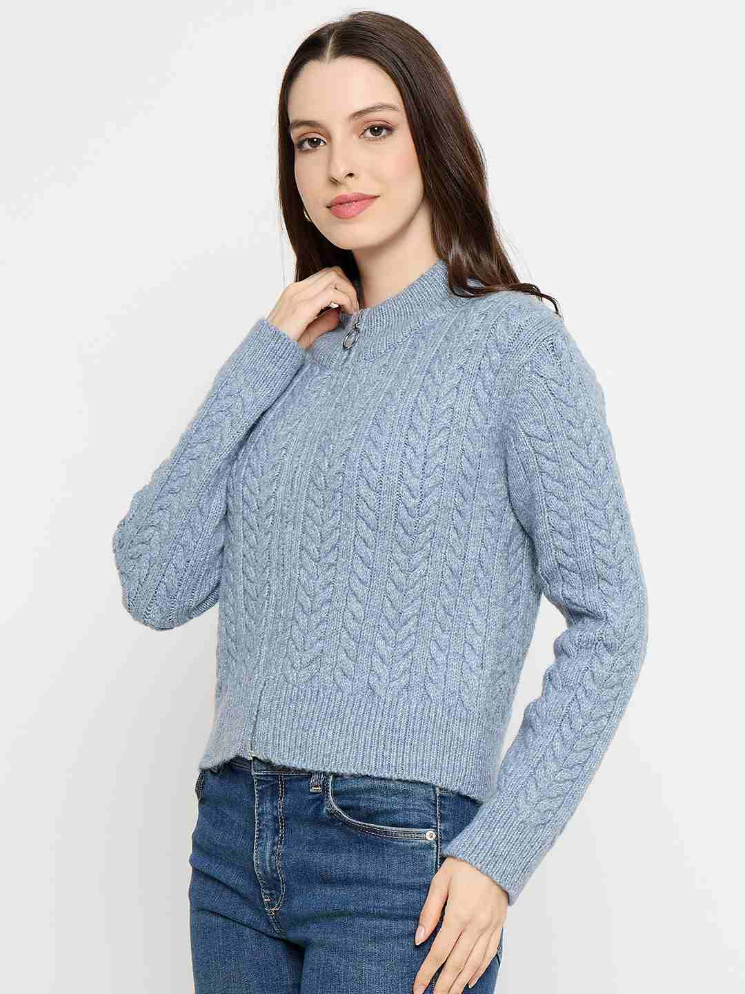 Madame Cable Knit Zip Blue Sweater - Image 5