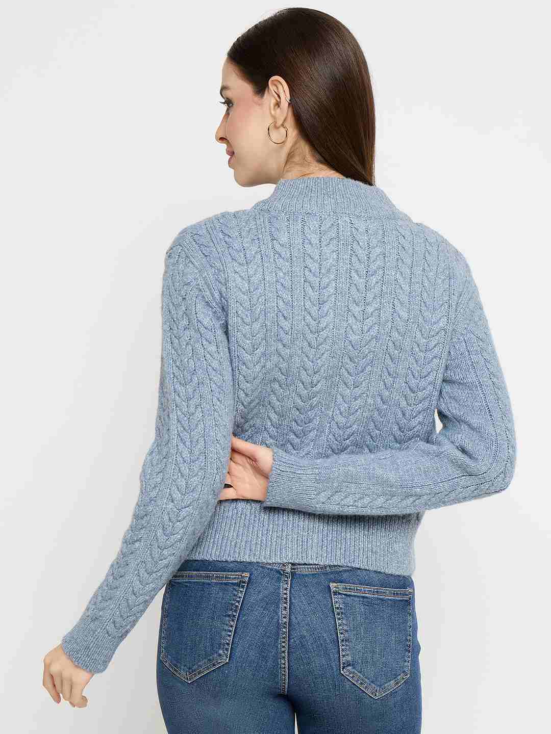 Madame Cable Knit Zip Blue Sweater - Image 6