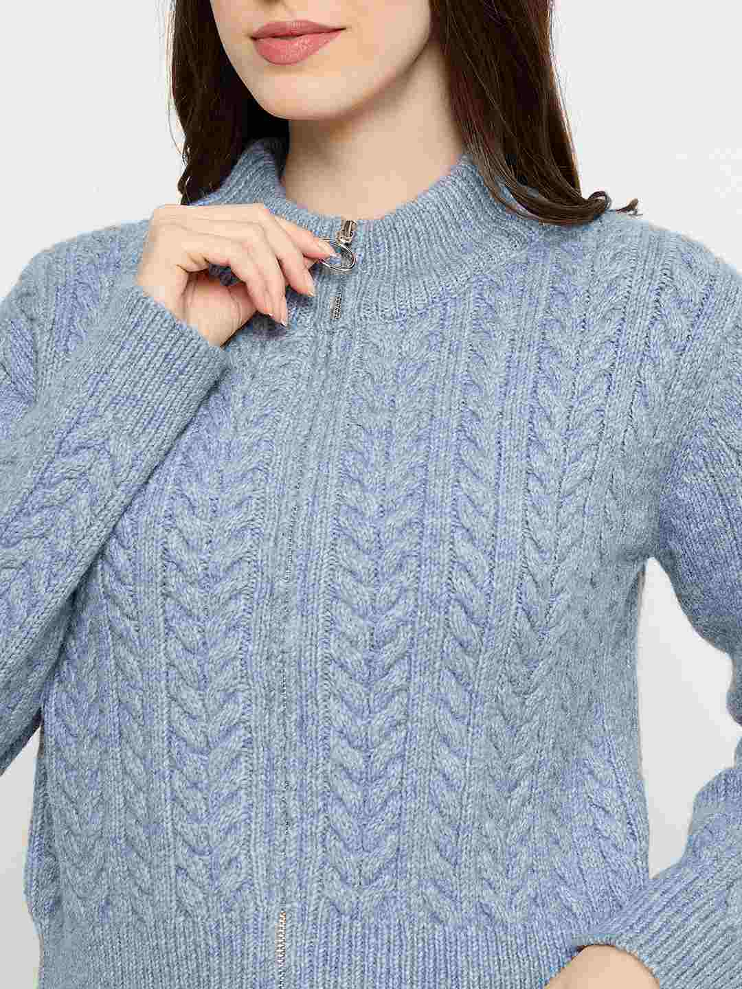 Madame Cable Knit Zip Blue Sweater - Image 7