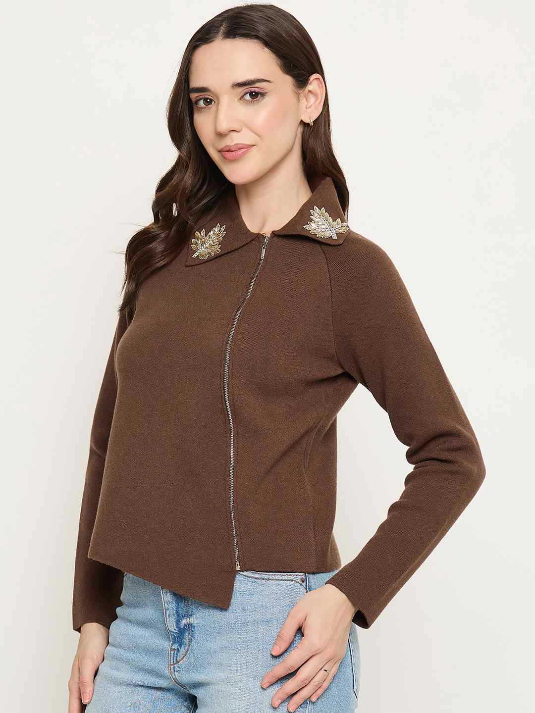 Madame Embroidered Collar Asymmetric Brown Sweater - Image 5