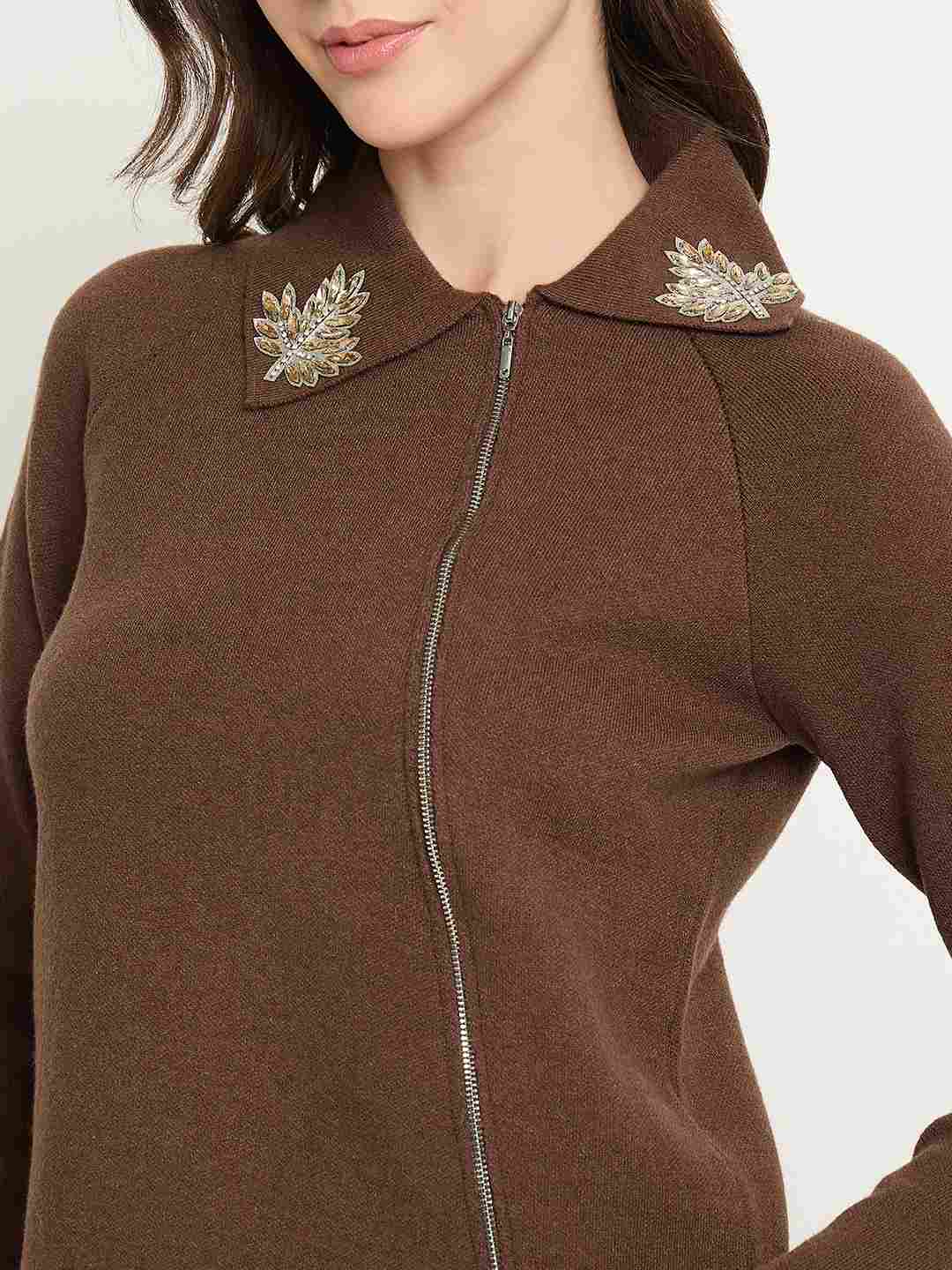 Madame Embroidered Collar Asymmetric Brown Sweater - Image 7