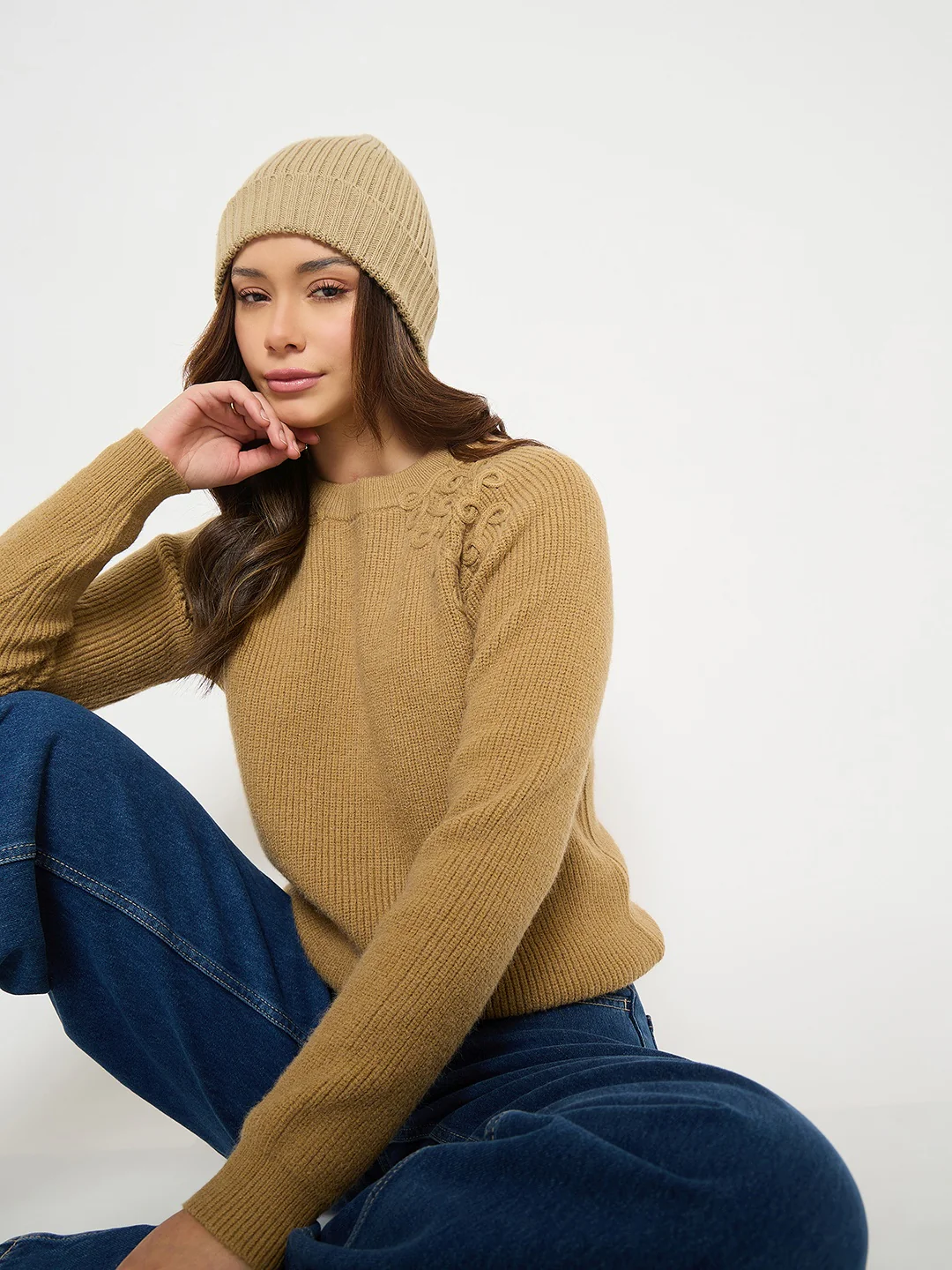 Madame Embroidered Khaki Solid Sweater - Image 2