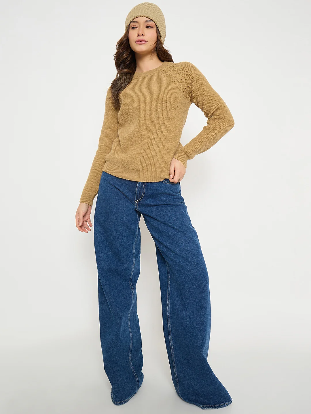 Madame Embroidered Khaki Solid Sweater - Image 3