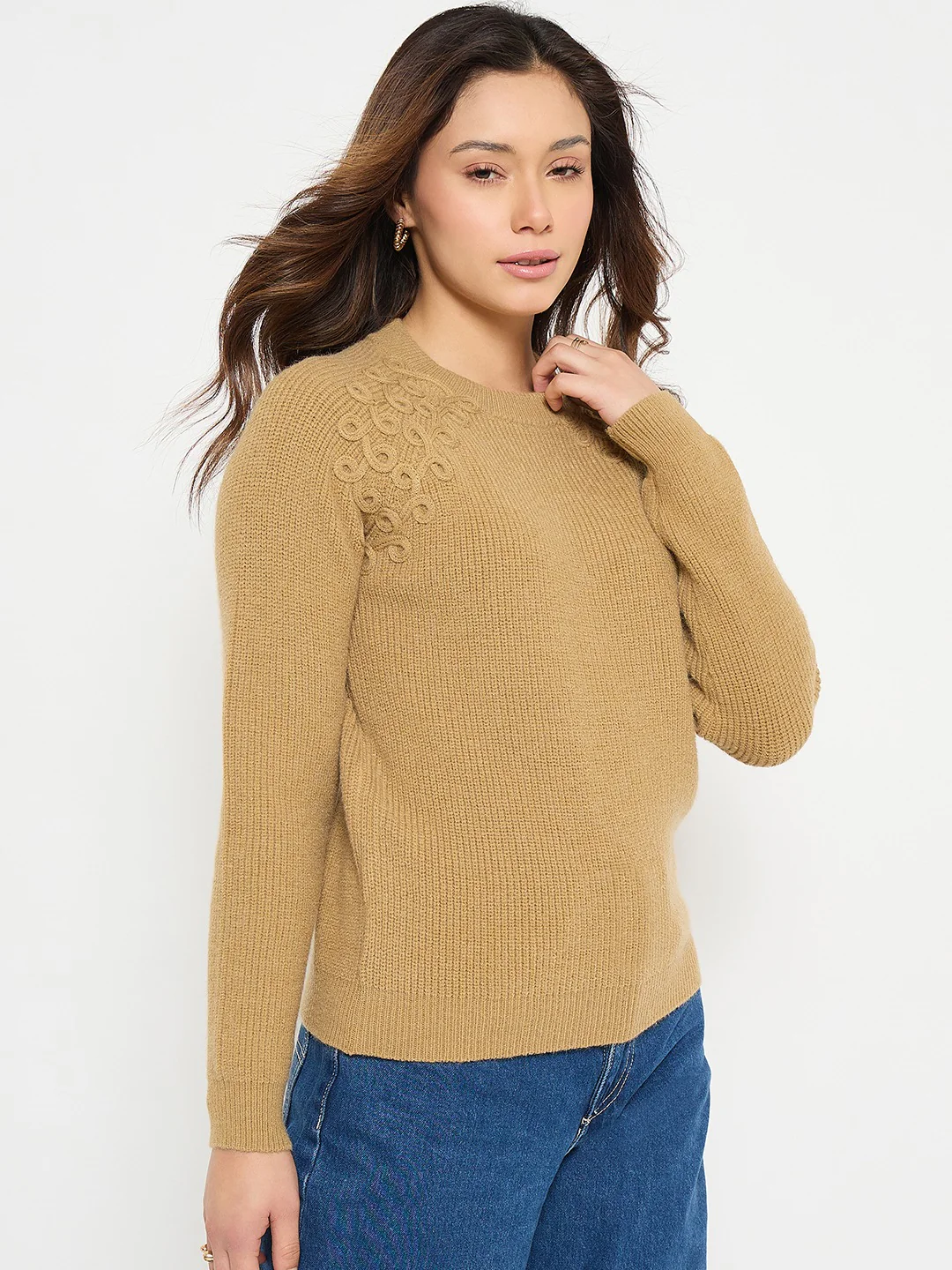 Madame Embroidered Khaki Solid Sweater - Image 4