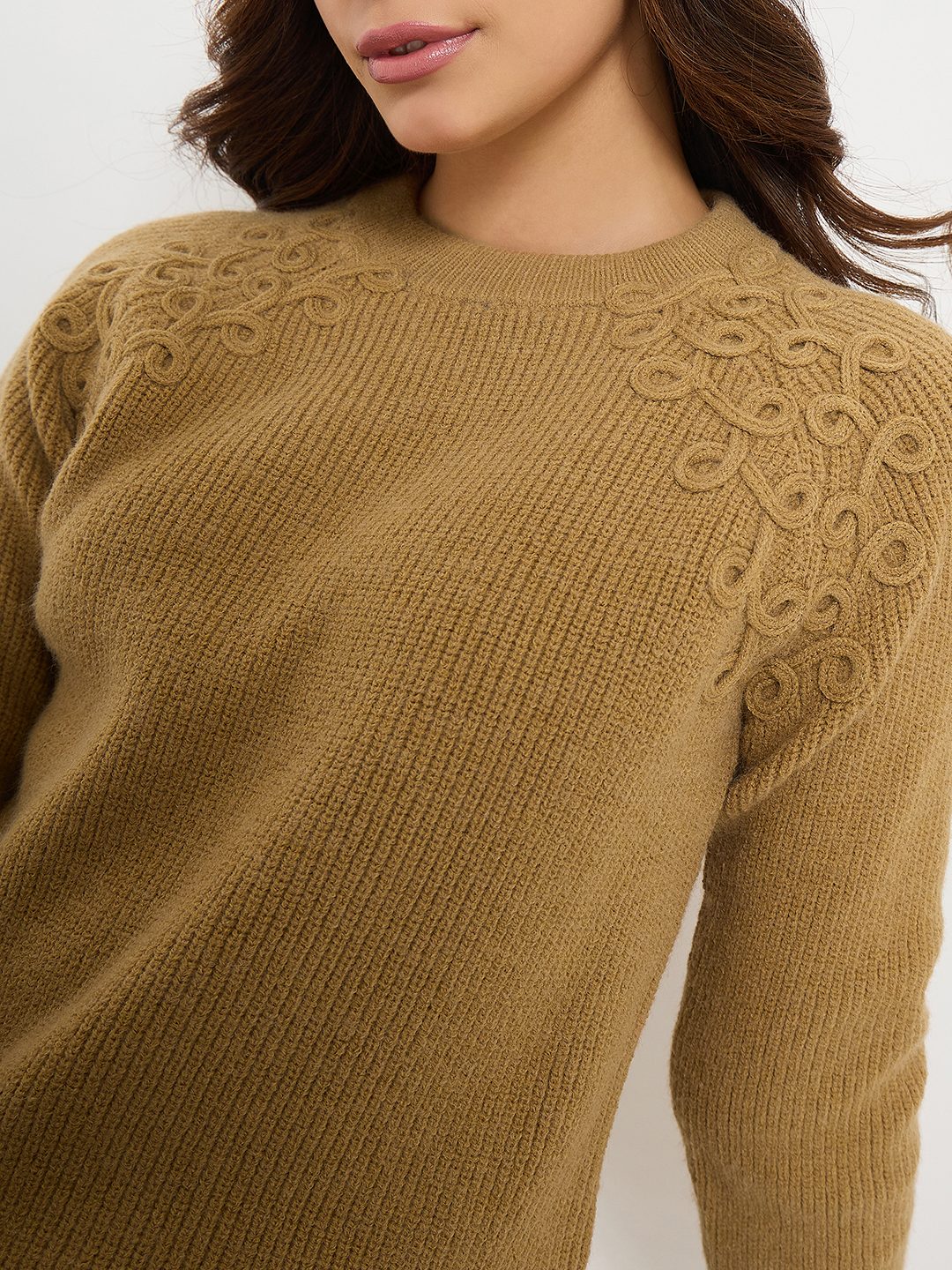 Madame Embroidered Khaki Solid Sweater - Image 7