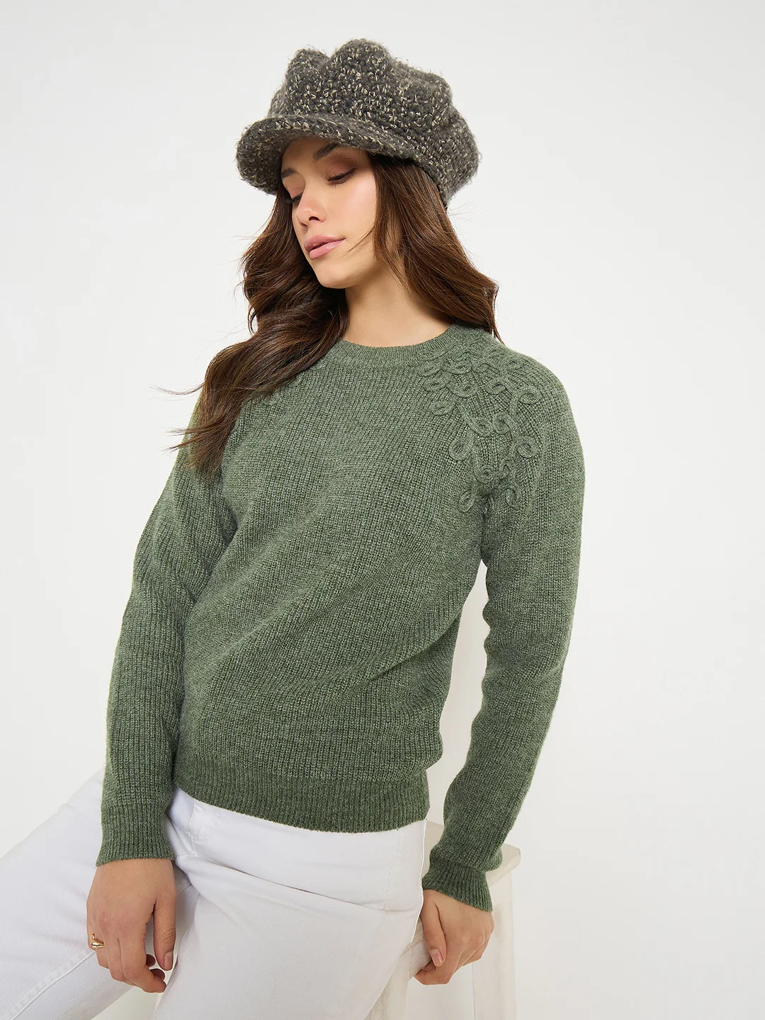 Madame Embroidered Olive Green Sweater - Image 2
