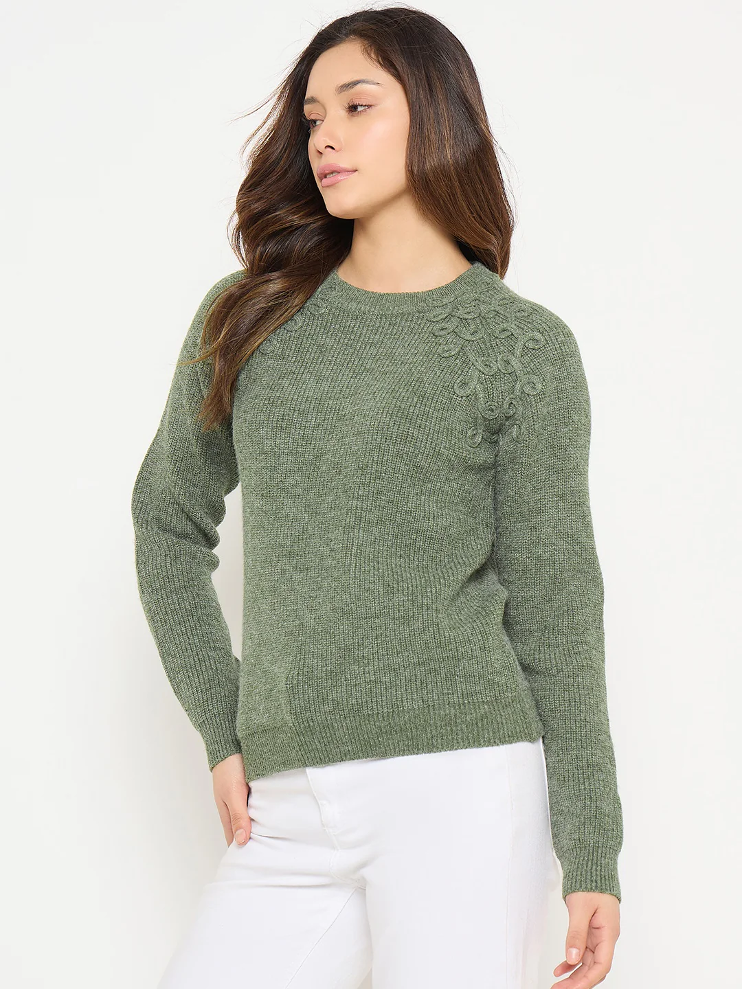 Madame Embroidered Olive Green Sweater - Image 5