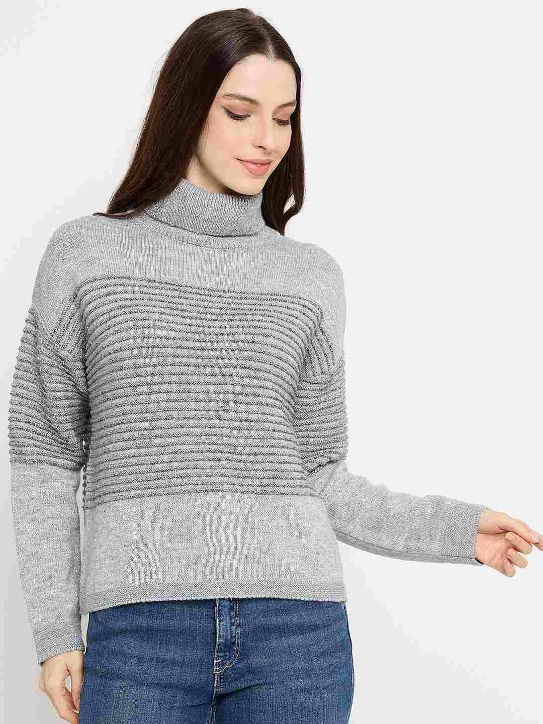 Madame Striped Grey High Neck Sweater - Image 3