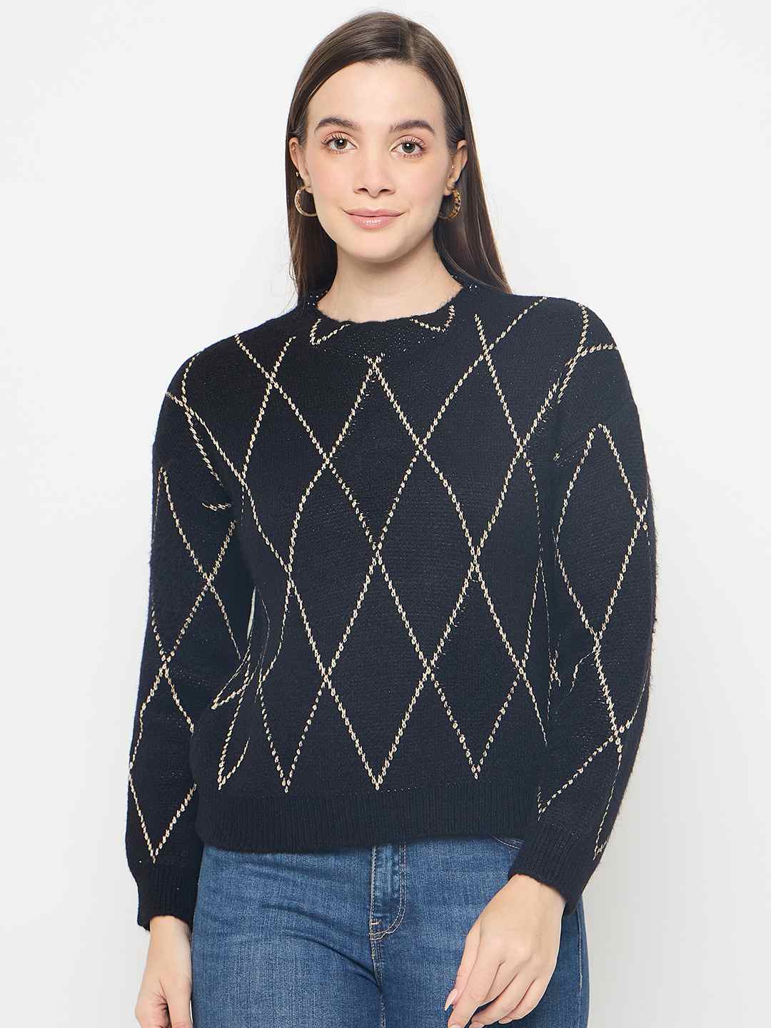 Madame Geometric Print Acrylic Blend Black Sweater - Image 3