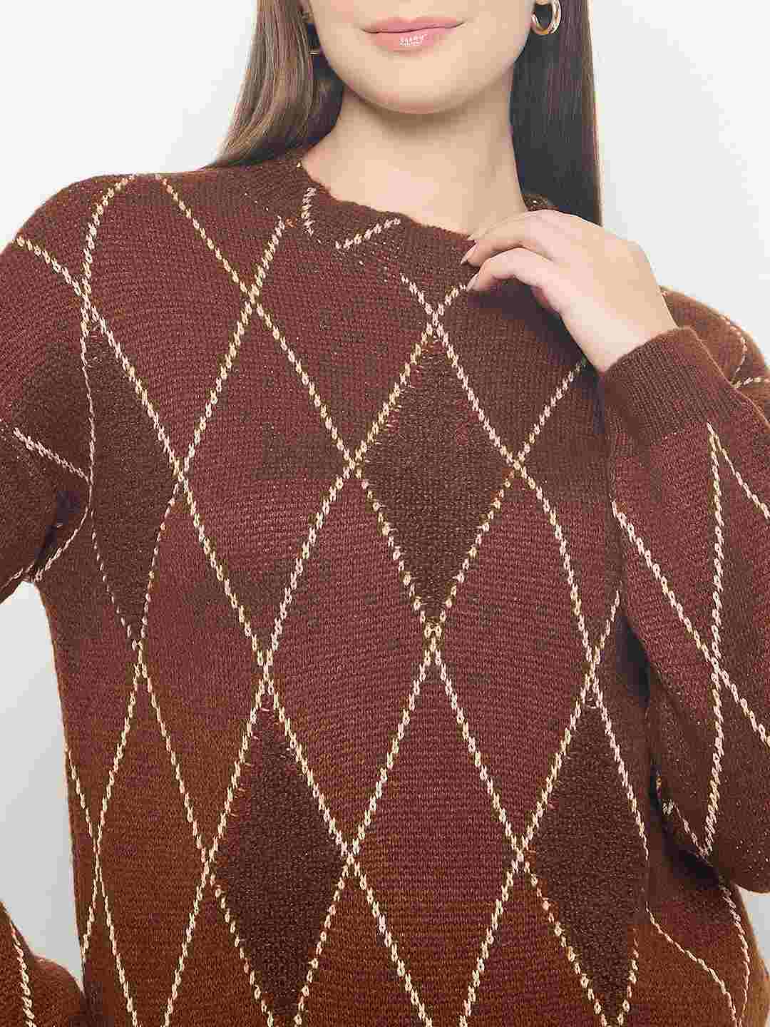 Madame Geometric Print Acrylic Blend Coffee Brown Sweater - Image 7