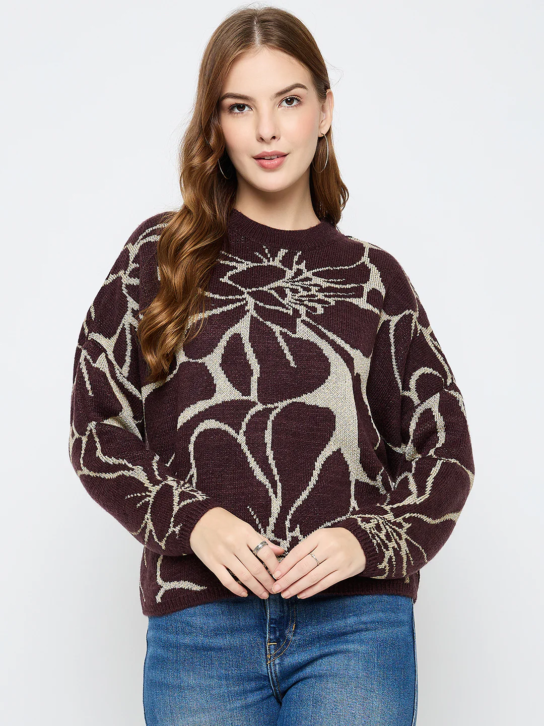 Madame Floral Print Coffee Brown Sweater - Image 3